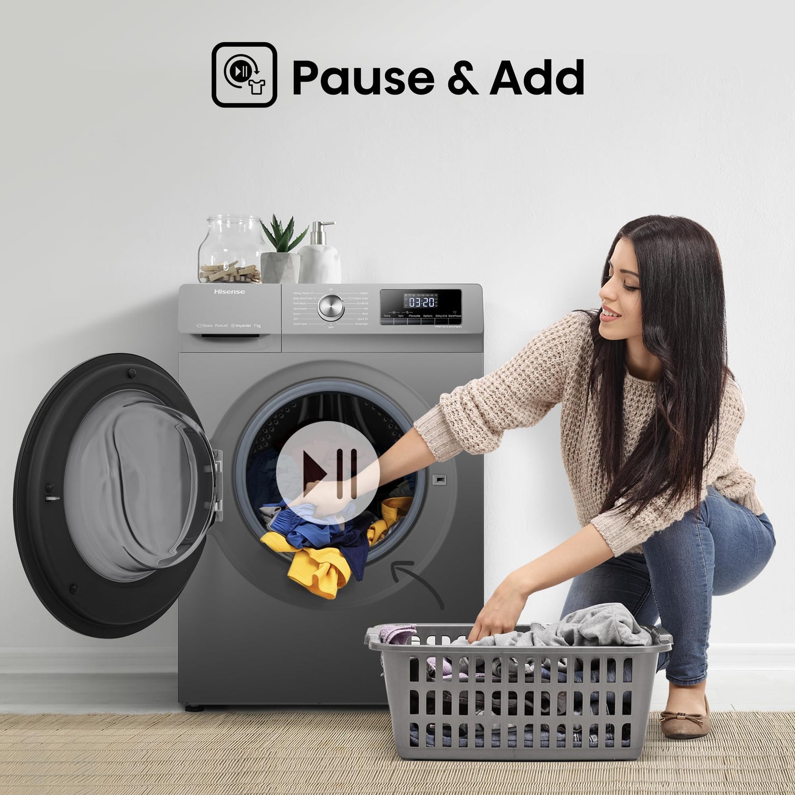 Hisense WFQY7012EVJMT 7 Kg Front Load Fully Automatic Washing Machine with Inverter Motor, 1200 RPM, 15 Mins Quick Wash Program & Delay Timer, Titanium Gary, 1 Year