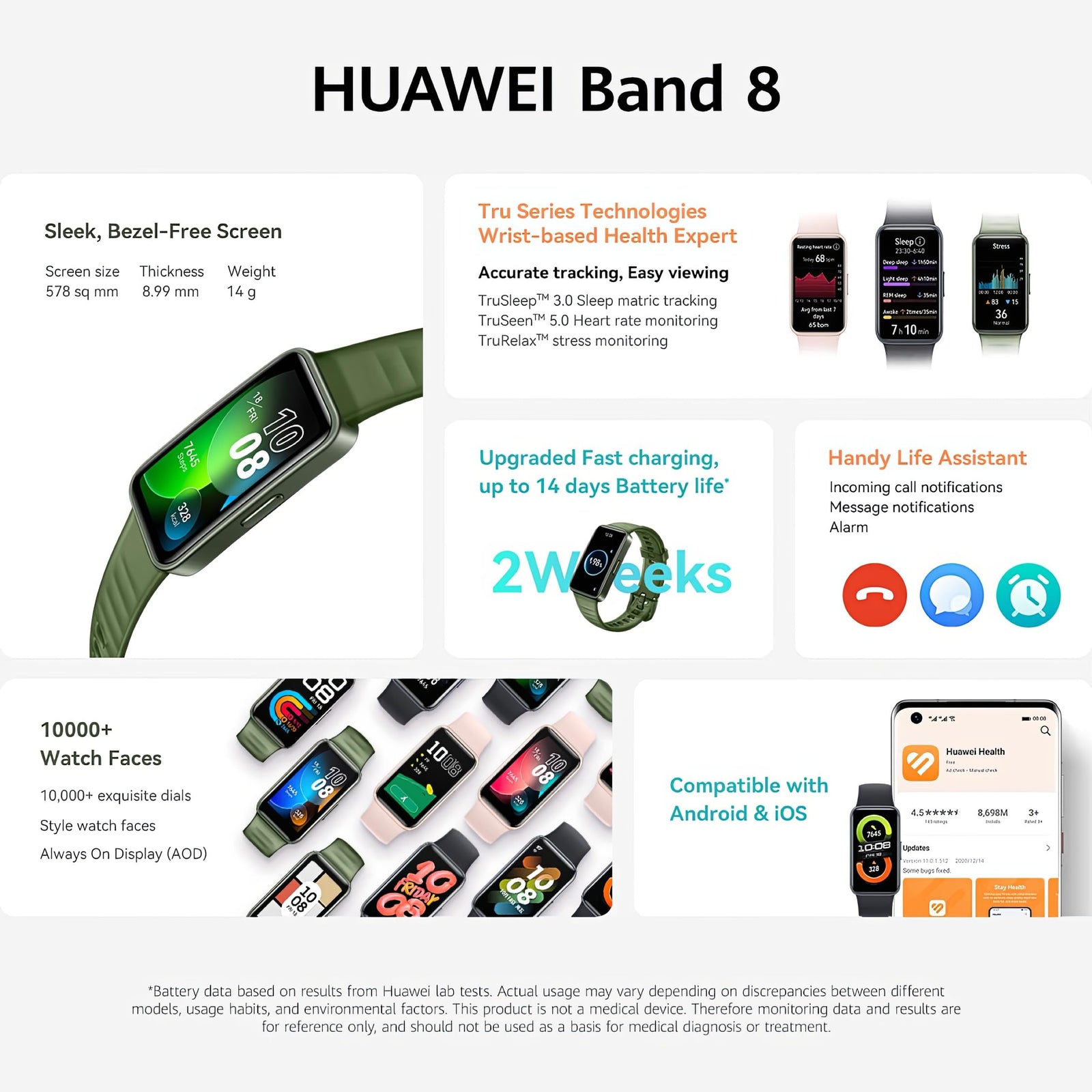 HUAWEI Band 8 Smart Watch, Ultra-thin Design, Scientific Sleeping Tracking, 2-week battery life, Compatible with Android & iOS, 24/7 Health Management, Black