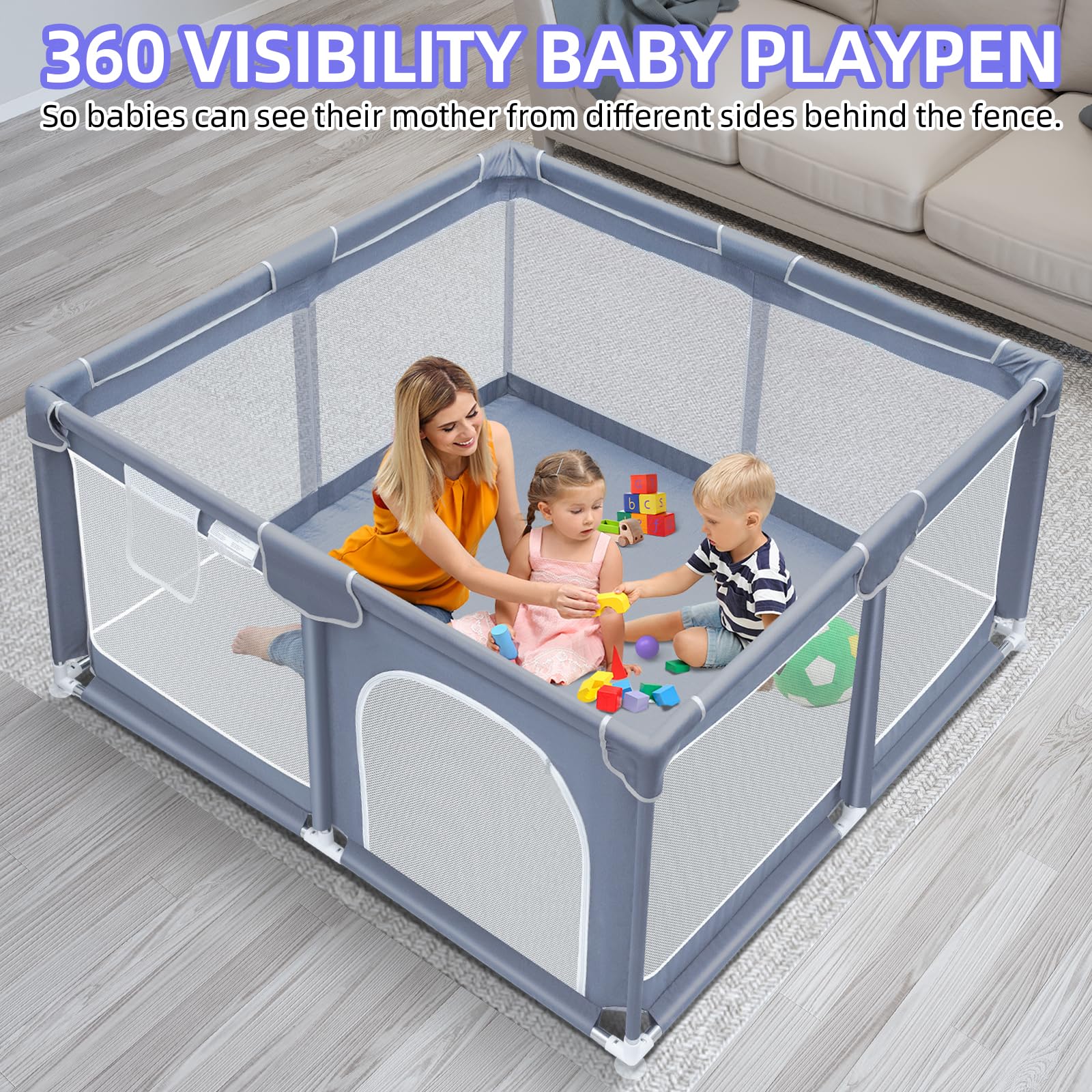 Suposeu Baby Playpen, Playpen for Babies and Toddlers, Indoor & Outdoor Playard for Kids Activity Center, 50”×50” Large Baby Playard with Soft Breathable Mesh, Grey