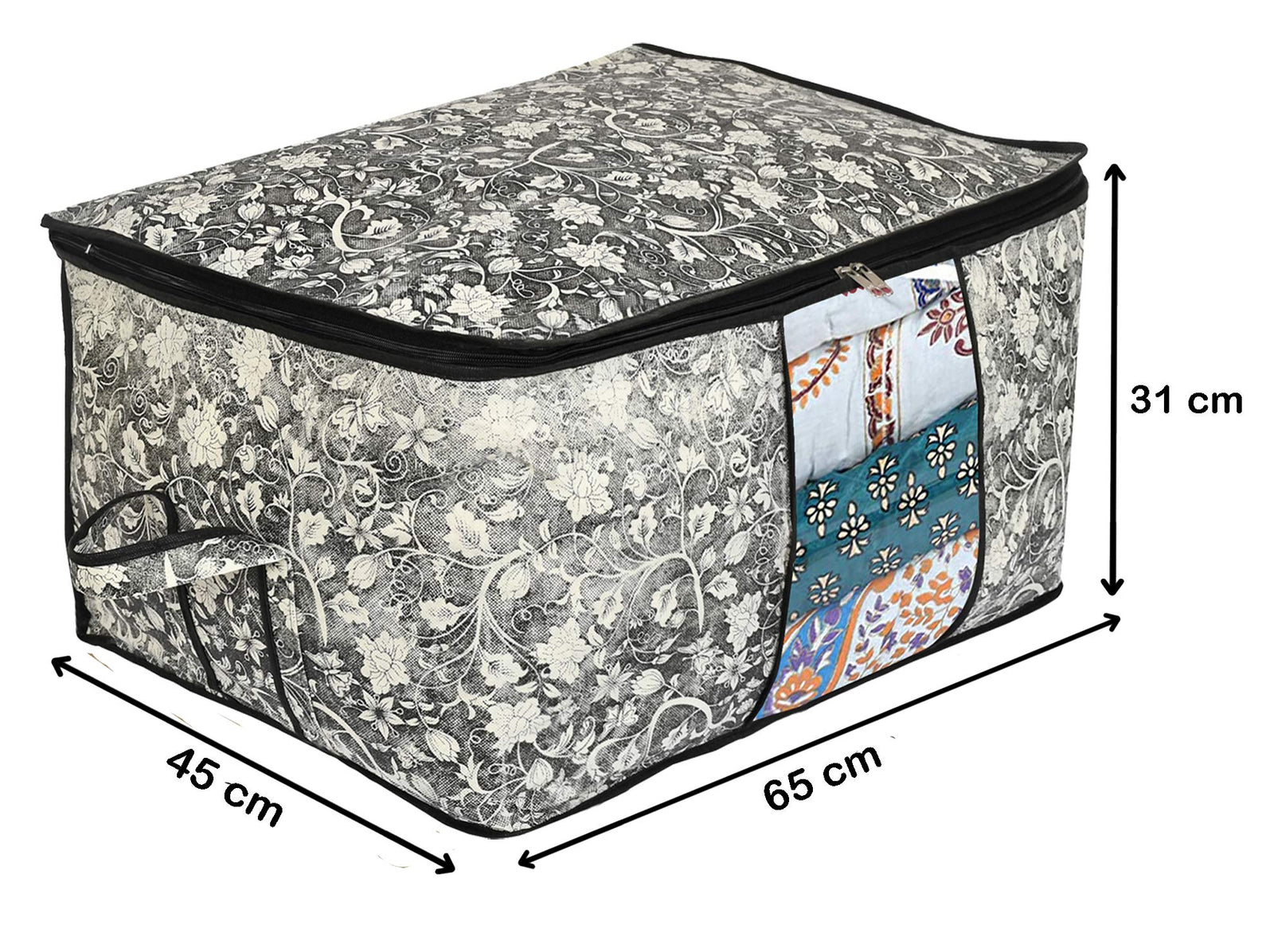 Fun Homes Metalic Leafy,Flower Print Non Woven 2 Pieces Underbed Storage Bag,Cloth Organiser,Blanket Cover with Transparent Window (Pink & Black)-FUHHNH16633