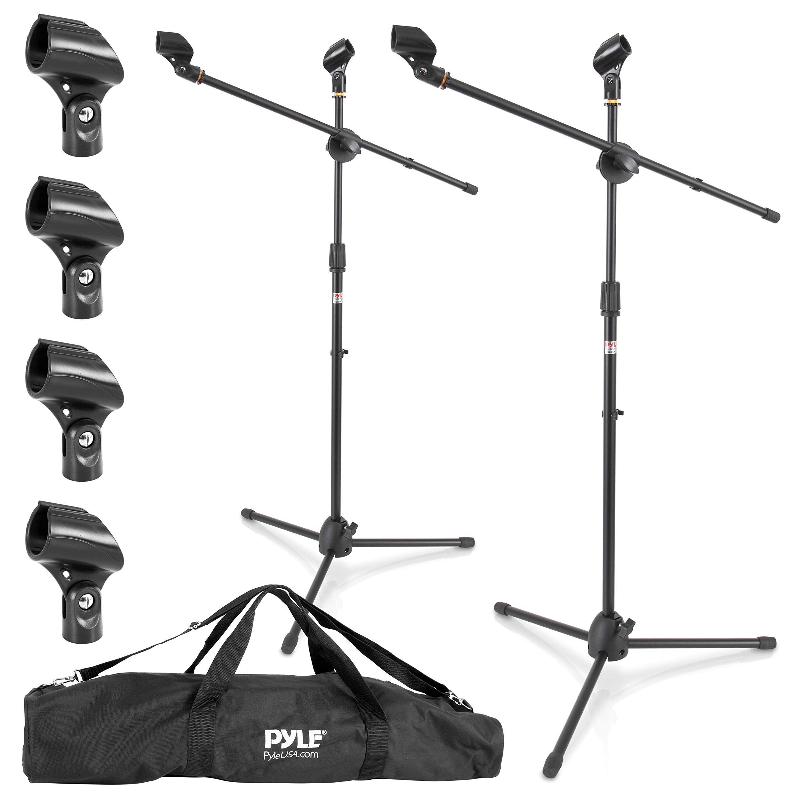 Pyle Universal Adjustable Tripod Microphone Stand - Pair of Heavy Duty Lightweight Professional Compact Extendable Stage Studio Floor Standing Boom Mic Holder w/Carry Bag, 5/8" Adapter - PMKSKT35