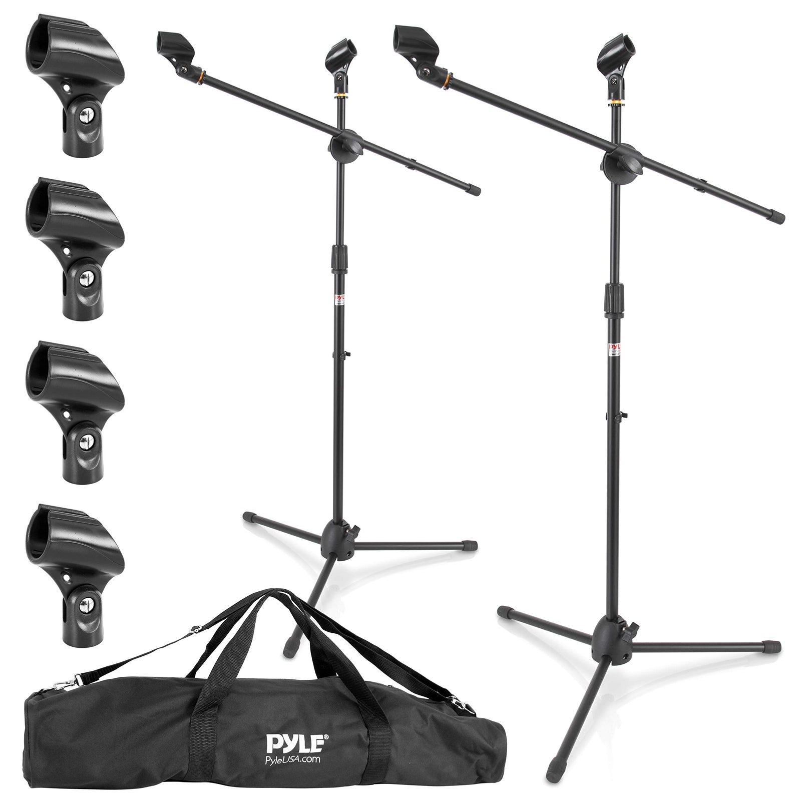 Pyle Universal Adjustable Tripod Microphone Stand - Pair of Heavy Duty Lightweight Professional Compact Extendable Stage Studio Floor Standing Boom Mic Holder w/Carry Bag, 5/8