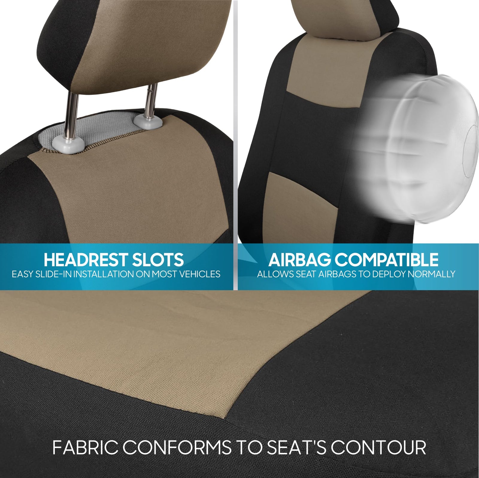 BDK PolyPro Seat Covers Full Set in Beige on Black – Front and Rear Split Bench Seat Covers for Cars, Easy to Install, Car Accessories for Auto Trucks Van SUV