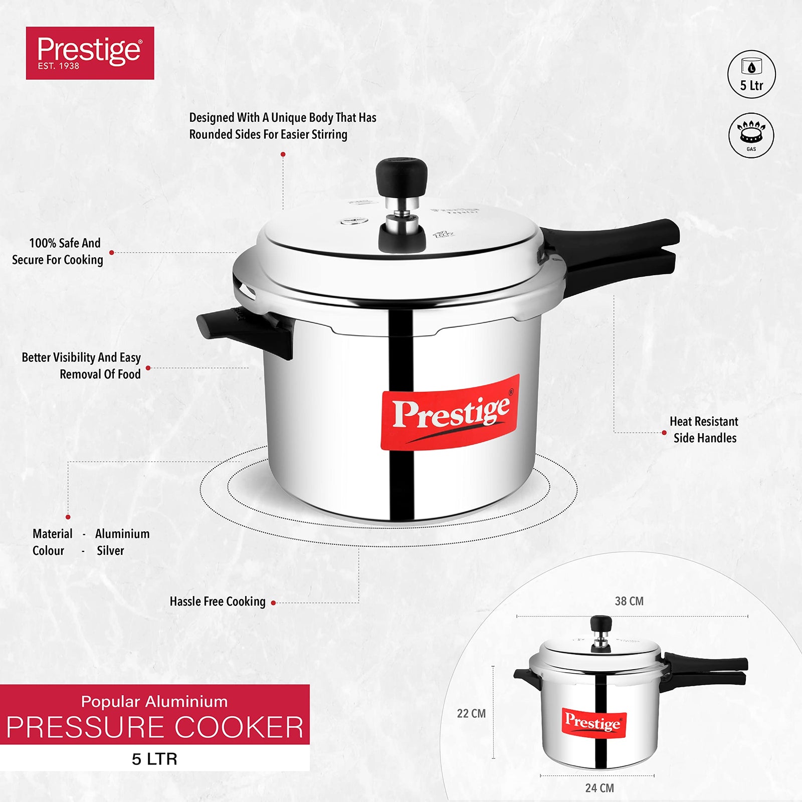 Prestige Popular Aluminum Pressure Cooker, 5 L, Silver