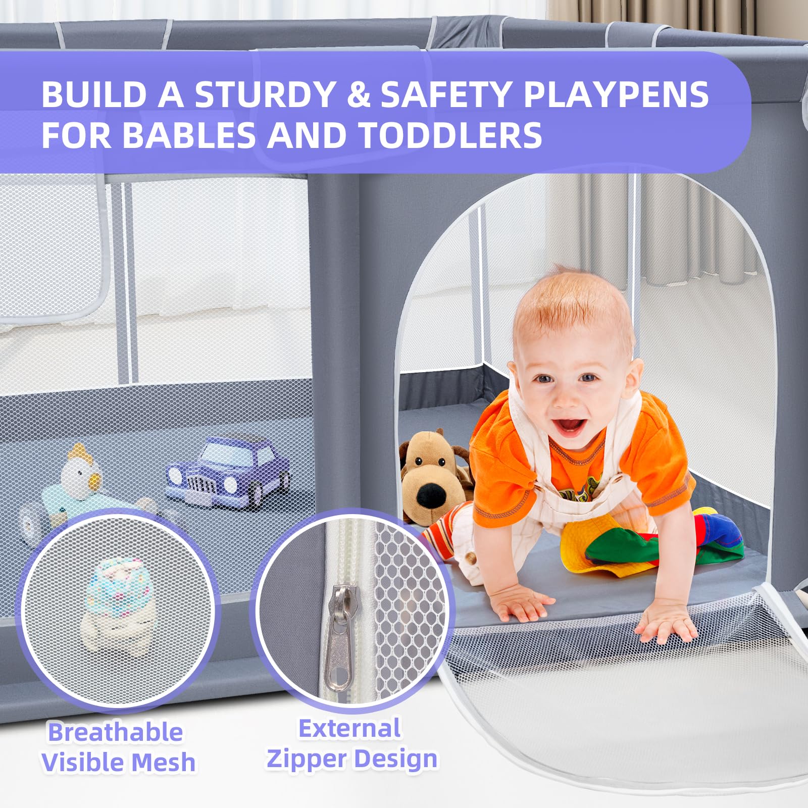 Suposeu Baby Playpen, Playpen for Babies and Toddlers, Indoor & Outdoor Playard for Kids Activity Center, 50”×50” Large Baby Playard with Soft Breathable Mesh, Grey