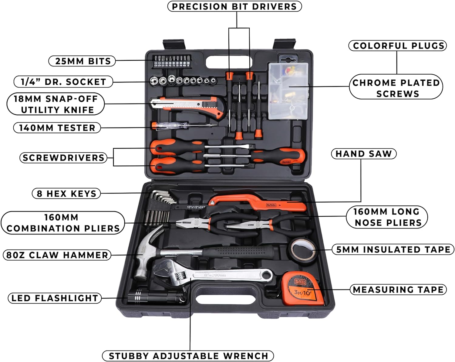 Black & Decker BMT154C Professional Hand Tool Kit Set Of 154 Pieces - Orange Black