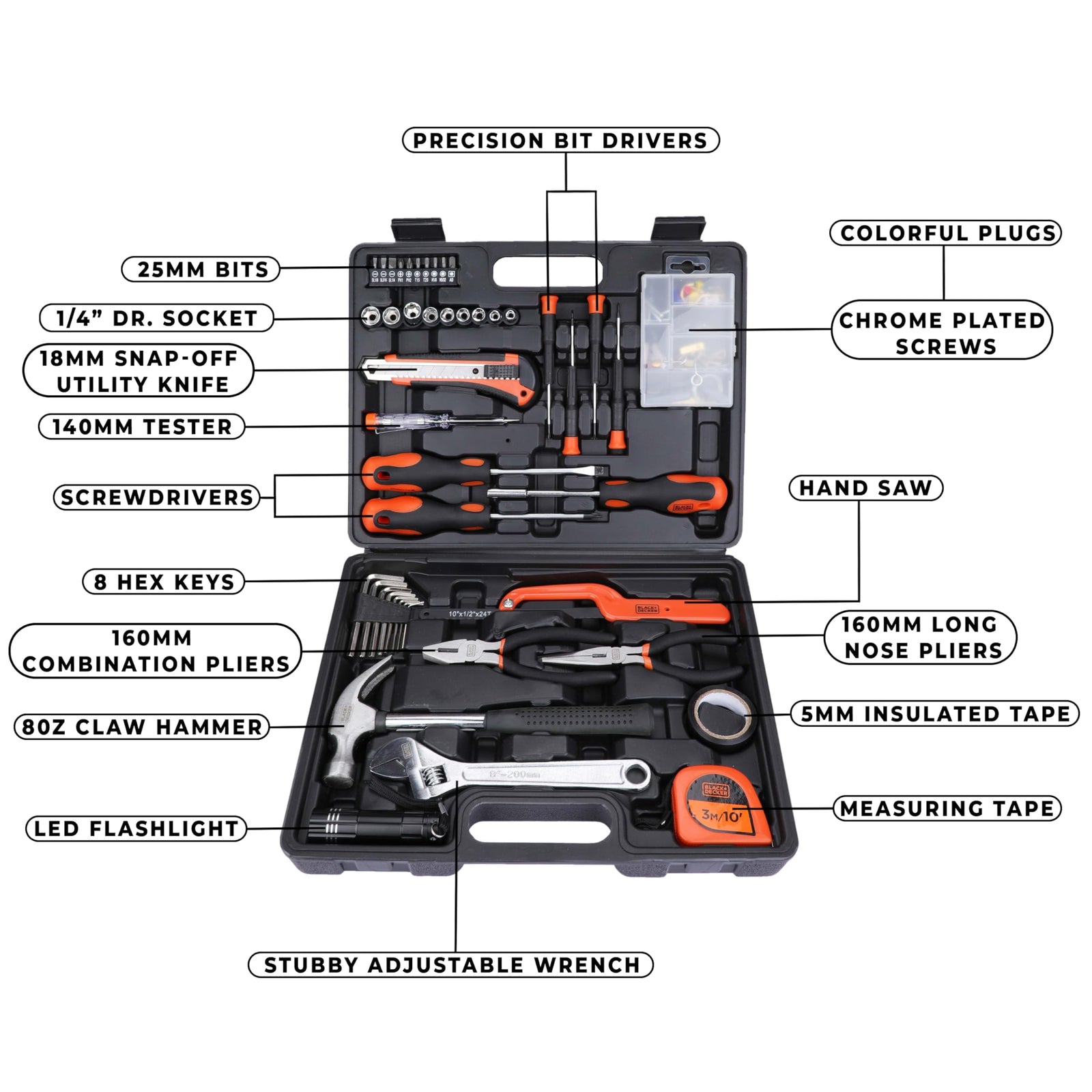 Black & Decker 126 Pieces Hand Tool Kit In Kitbox For Home Diy & Professional USe, Orange/Black