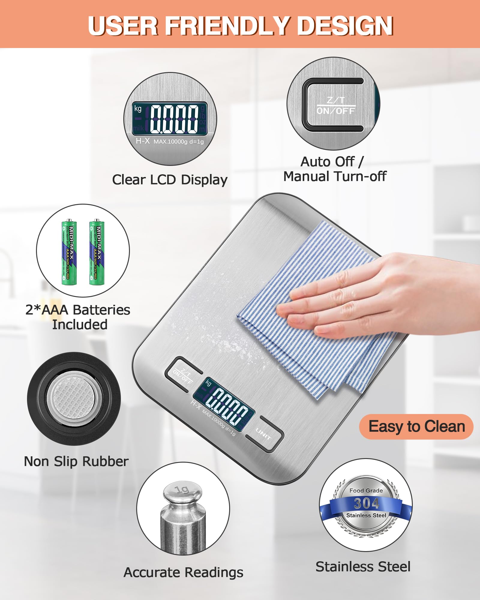 Letron Digital Kitchen Scales 10 kg Kitchen Scales with LCD Display and Tare Function, Kitchen Scales for Baking and Cooking, Measuring Ingredients, Jewellery so on, 1 g
