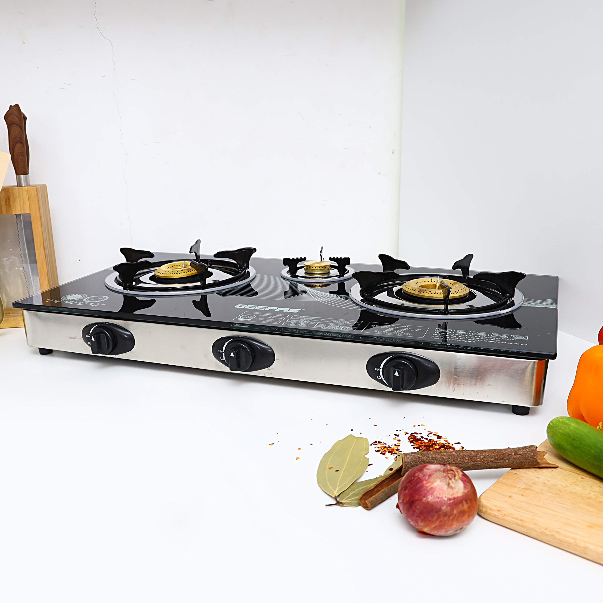 Geepas Triple Gas Burner with Tempered Glass - Auto-Ignition, Thick Pan Support & Comfortable Knobs | GK6880| Low Gas Consumption | Perfect for All Types of Kitchen