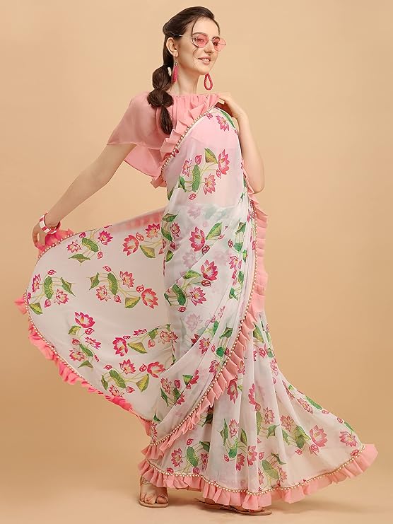 Womanista Women's Pink Floral Printed Georgette Ruffle Saree(Ti2035_Pink_Onesize)