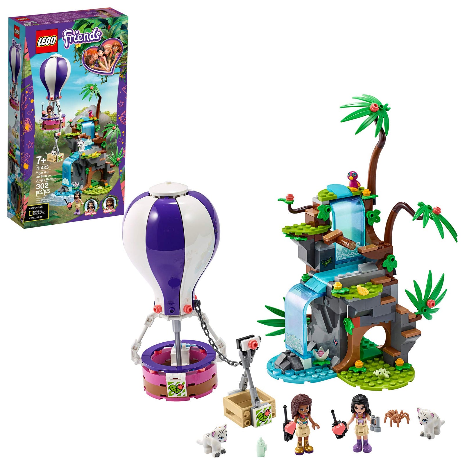 LEGO Friends Tiger Hot Air Balloon Jungle Rescue 41423 building set with 2 mini-dolls, Toy for Kids 7+ years old (302 pieces)