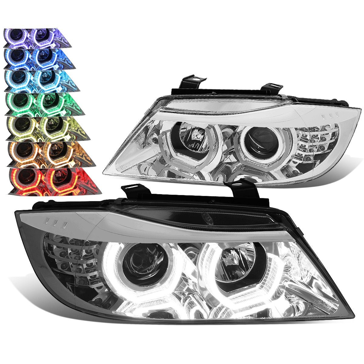 DNA MOTORING HL-3D-E9005-CH-7C Chrome Housing Crystal LED U-Halo APP Control Color Changing Headlights [Compatible with 06-08 323I / 05-08 325I / 06 325XI / 07-08 328I XI /06 330I XI / 07-08 335XI]