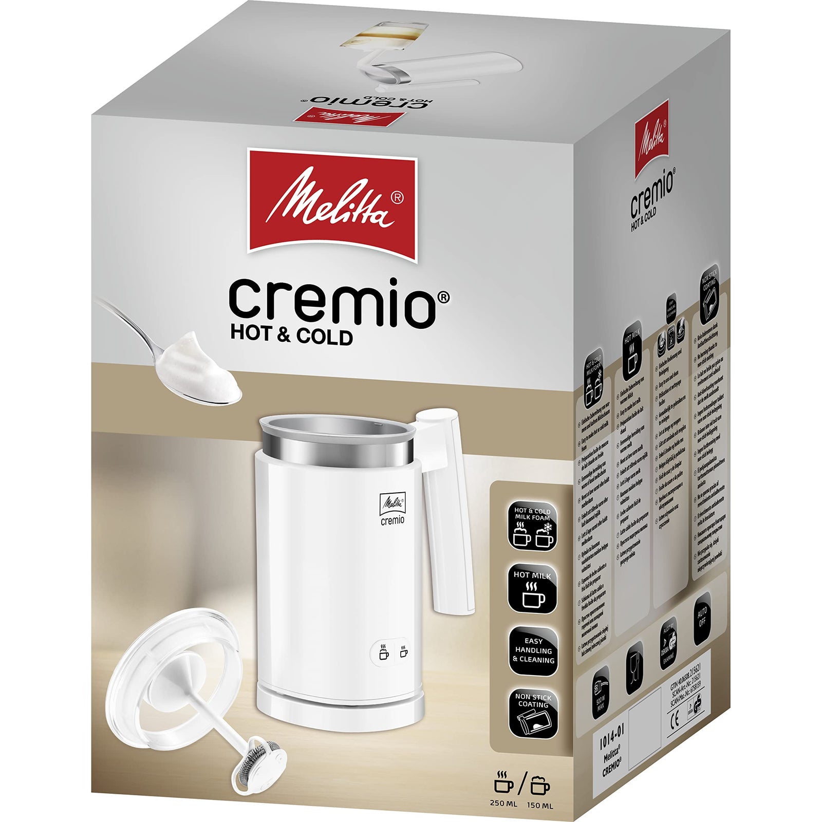 Melitta CREMIO Premium Milk Frother, For Cold & Warm Milk Coffee, Electric Milk Steamer, Soft Foam Maker, White