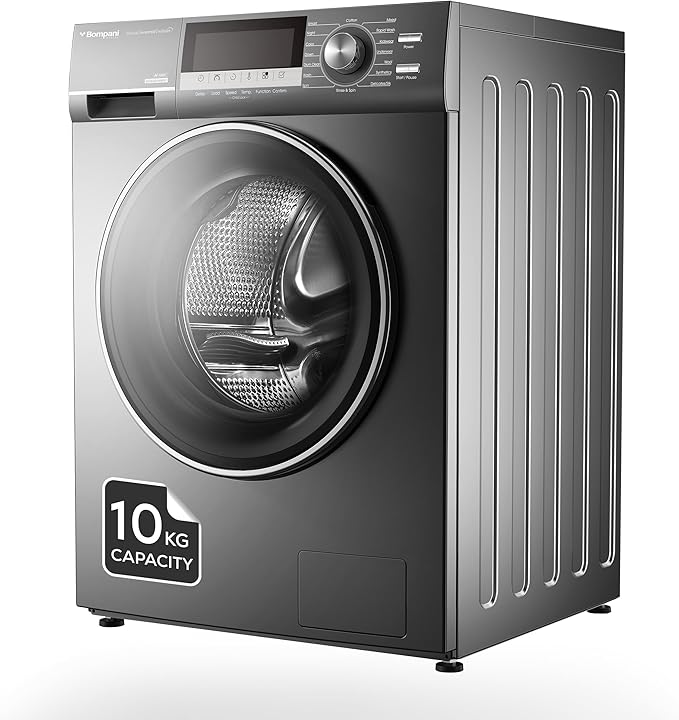 Bompani Washing Machine, Frontload, 10kg Capacity, BLDC Inverter Motor, 13 Functions, 16 Programs, Stainless Steel Drum, Quick Wash, Child Lock, 1200RPM, Adjustable Feet BO3013N Dark Silver