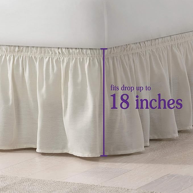 Easy Fit Solid Elastic Wrap Around Bed Skirt, Easy On/Off Dust Ruffle (18 Inch Drop), Queen/King, Ivory