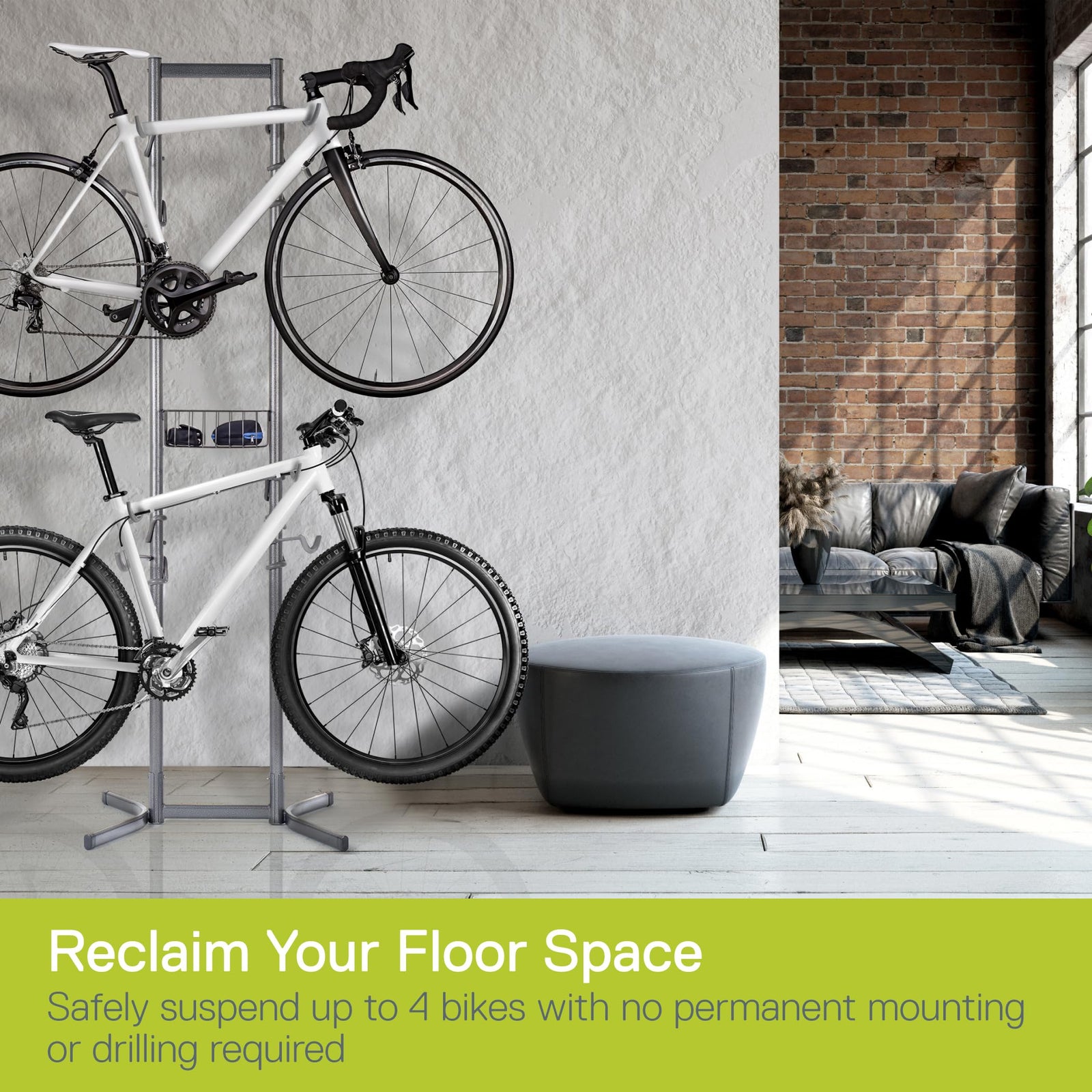 Bike Rack for Garage & Home by Delta Cycle - No Drilling Required - Fully Adjustable Gravity Storage Rack for Any Style Bicycle - Freestanding Vertical Rack