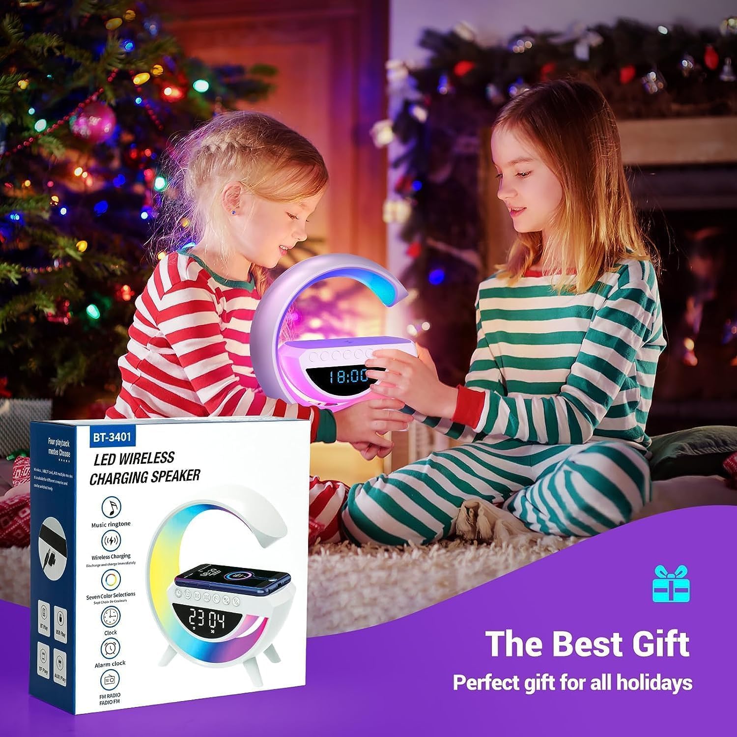 SGG Atmosphere Night Light Wireless Phone Charger Bluetooth Speaker Alarm Clock All in One LED Table Lamp for Bedroom, Living Room, Office, Ideal Gift Choice (BT-3401)