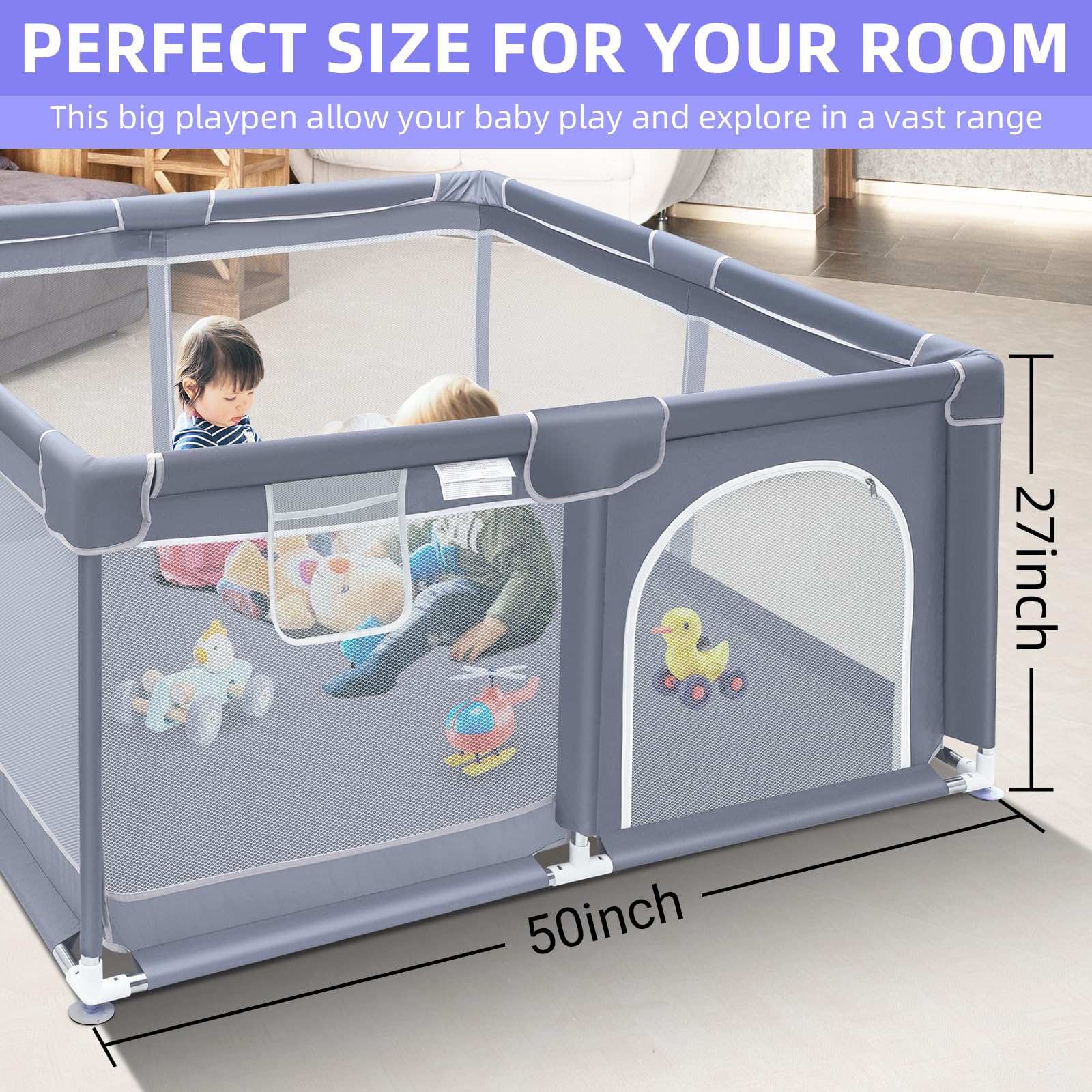 Suposeu Baby Playpen, Playpen for Babies and Toddlers, Indoor & Outdoor Playard for Kids Activity Center, 50”×50” Large Baby Playard with Soft Breathable Mesh, Grey