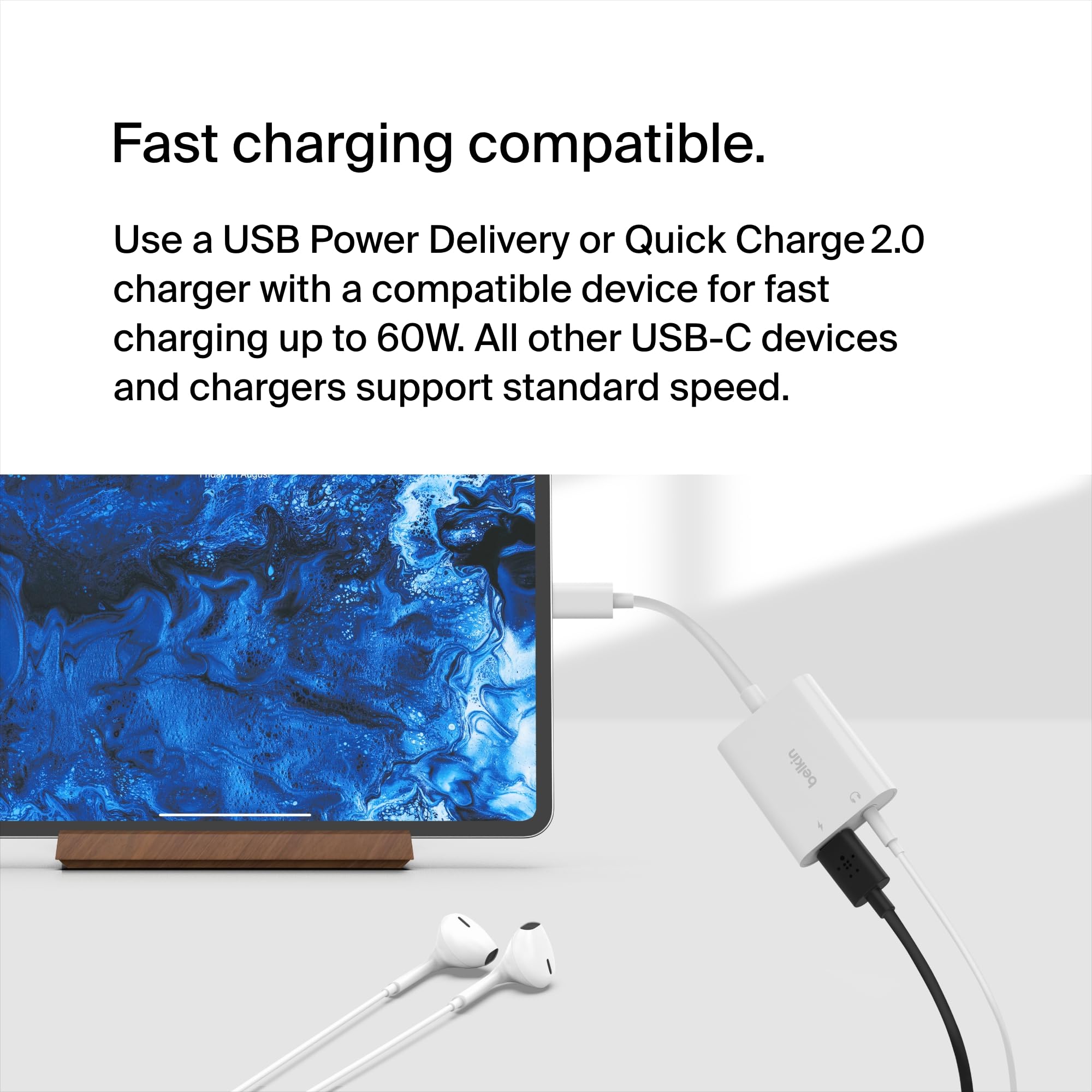 Belkin RockStar™ 3.5mm Audio + USB-C® Charge Adapter, Headphone Adapter w/USB-C 60W Power Delivery Fast Charging for iPhone 15, iPad Pro, Galaxy, Note, Google Pixel, LG, Sony Xperia & More - White