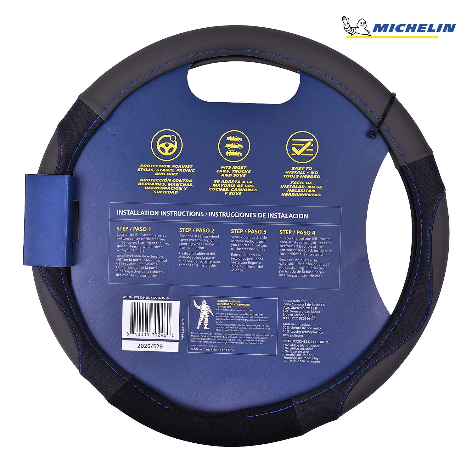 Michelin Ifit Performance Faux Leather Steering Wheel Cover- Blue Stich Medium 33269