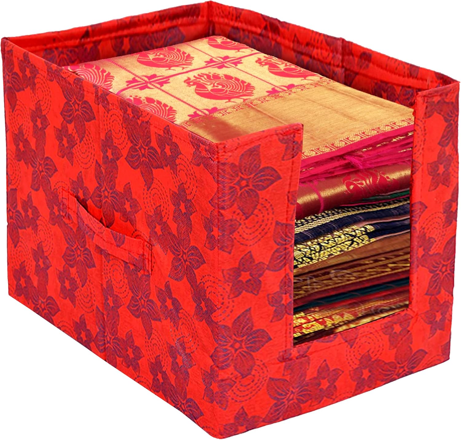 Fun Homes Metalic Flower Print Foldable Rectangle Cloth Saree Stacker Wardrobe Organizer- Pack of 4 (Green & Red)