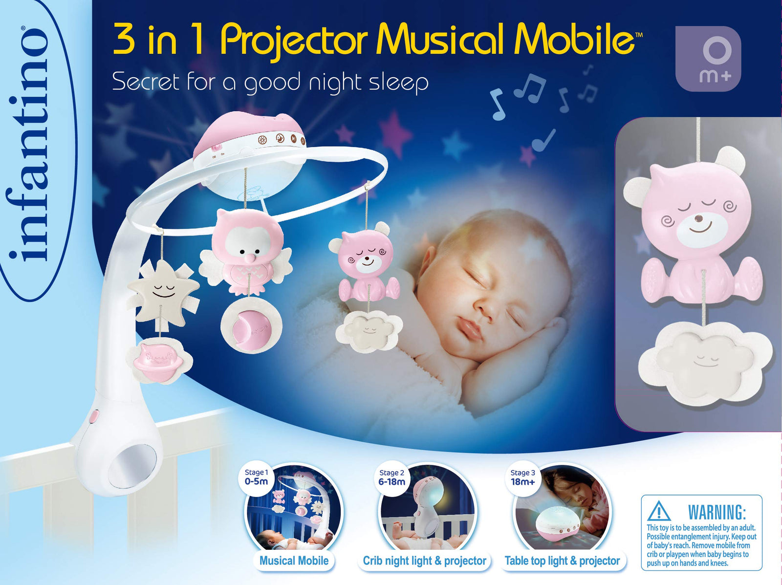 Infantino Baby 3 In 1 Projector Musical Mobile Projector|Child Sleeping Aids|Night Light With Music|Stroller Toys & Accessories| (Pink)