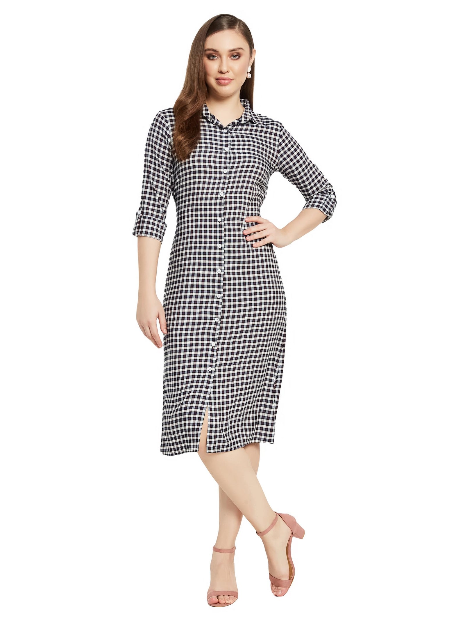 Miss Olive Women's Multicolored Checkered Shirt Collar 3/4 Sleeve Rayon Shirt Midi Dress(MOSS23D79-07-224-03)