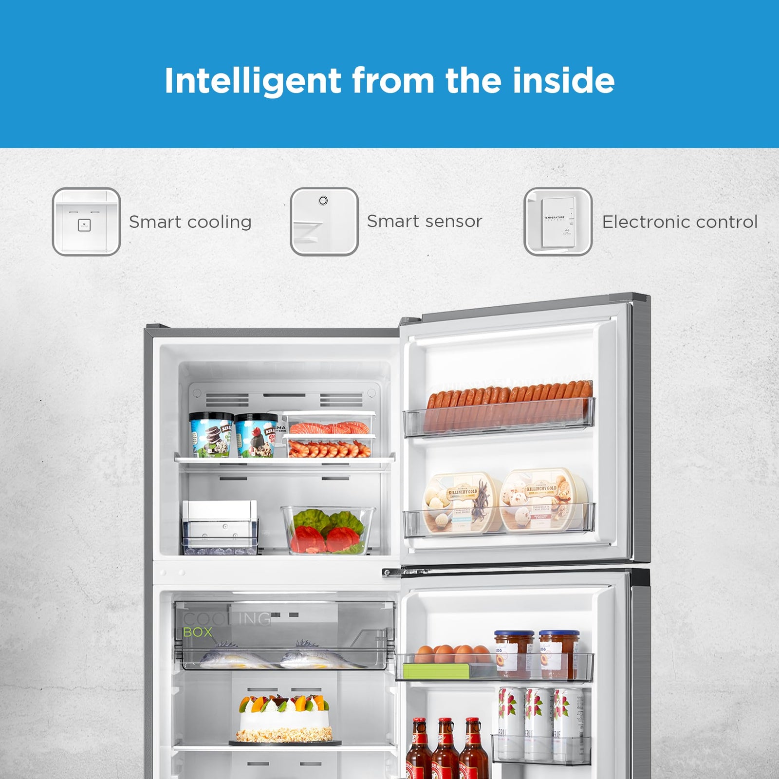 Midea 489L Gross Top Mount Double Door Refrigerator MDRT489MTE46, 2 Doors Frost Free Fridge Freezer With Smart Sensor & Humidity Control, Active-C Fresh, Multi-Air Flow, Electronic Control, Silver