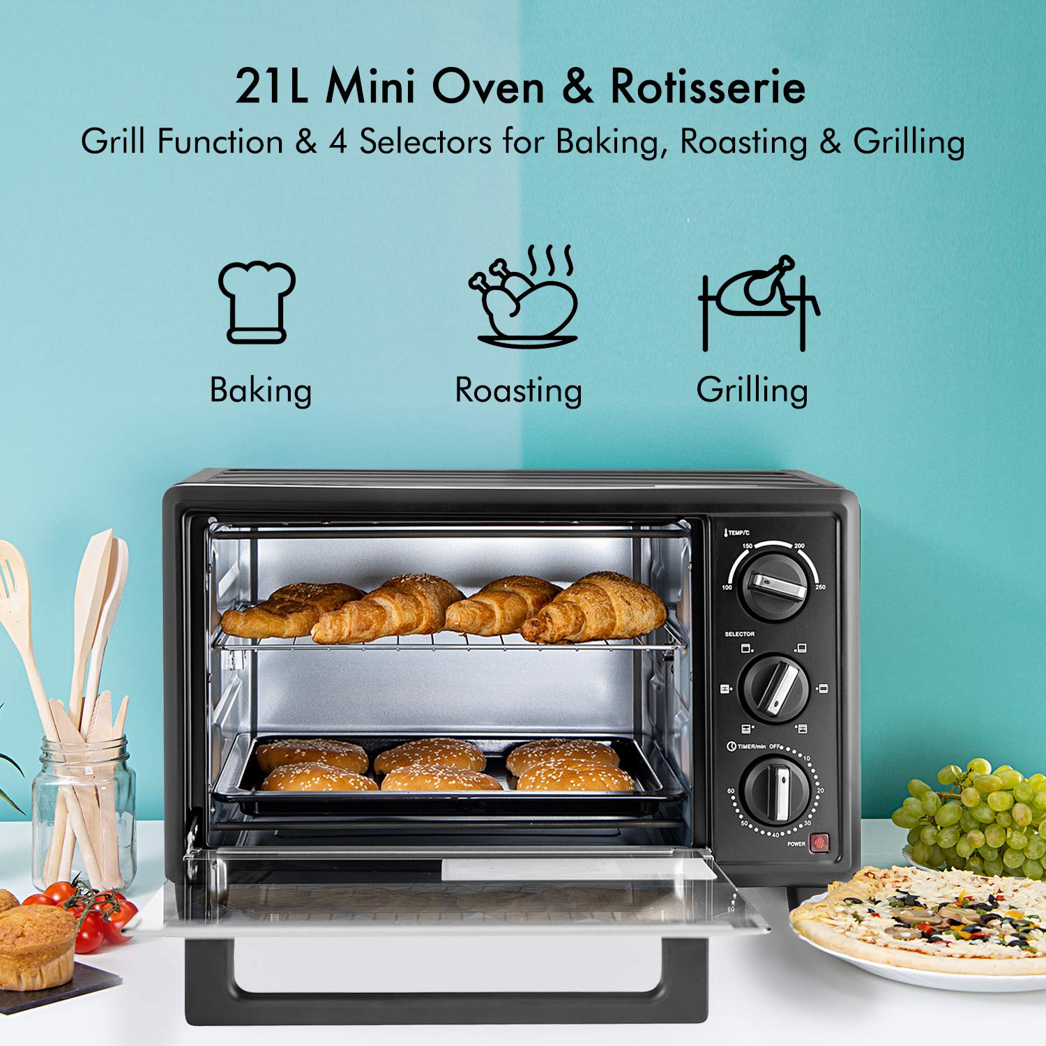 Geepas GO4464 25L Electric Oven With Rotisserie- 1600W power, 6 Stages Heating Selector