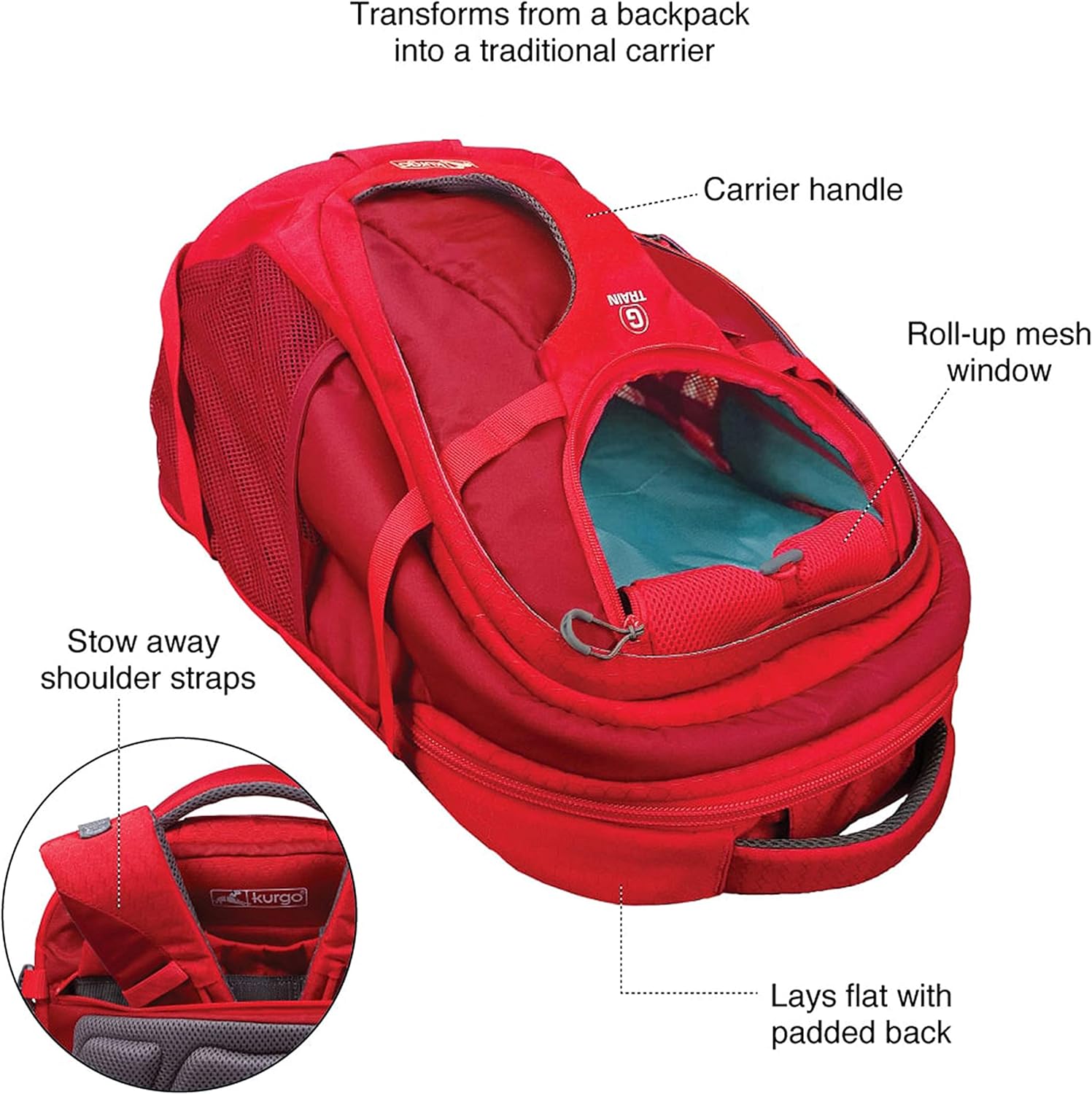 Kurgo Dog Carrier Backpack for Small Dogs and Cats, G-Train Pet Backpack Carrier, Airline Approved, Cat Backpack, Small Dog Backpack for Hiking and Travel, Waterproof Bottom - Red