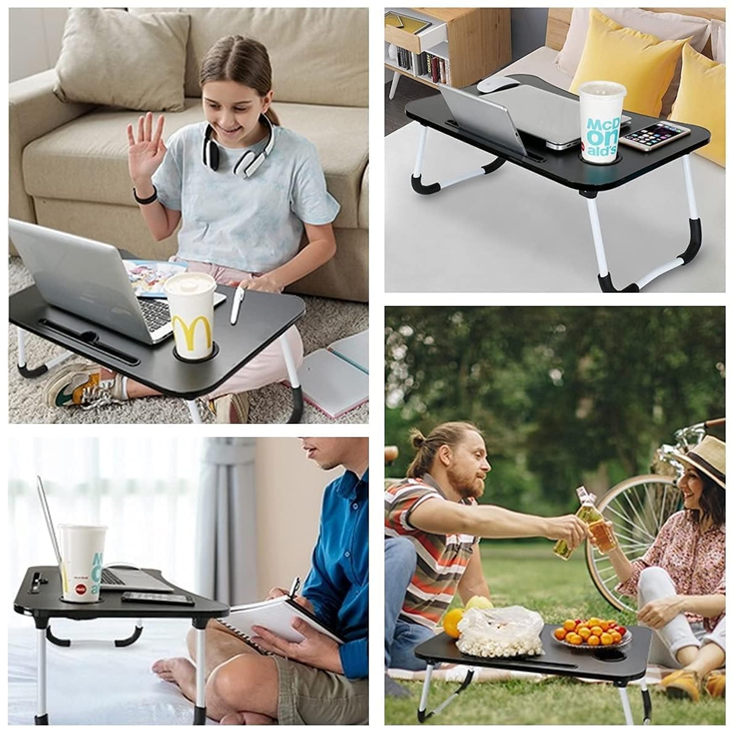 ZOBER Portable Folding Laptop Desk for Bed with Cup Holder Adjustable Lap Tray Notebook Stand Lap Desk Foldable Non-slip legs grip Stand Table for outdoor, indoor, working, studing, camping (BLACK)