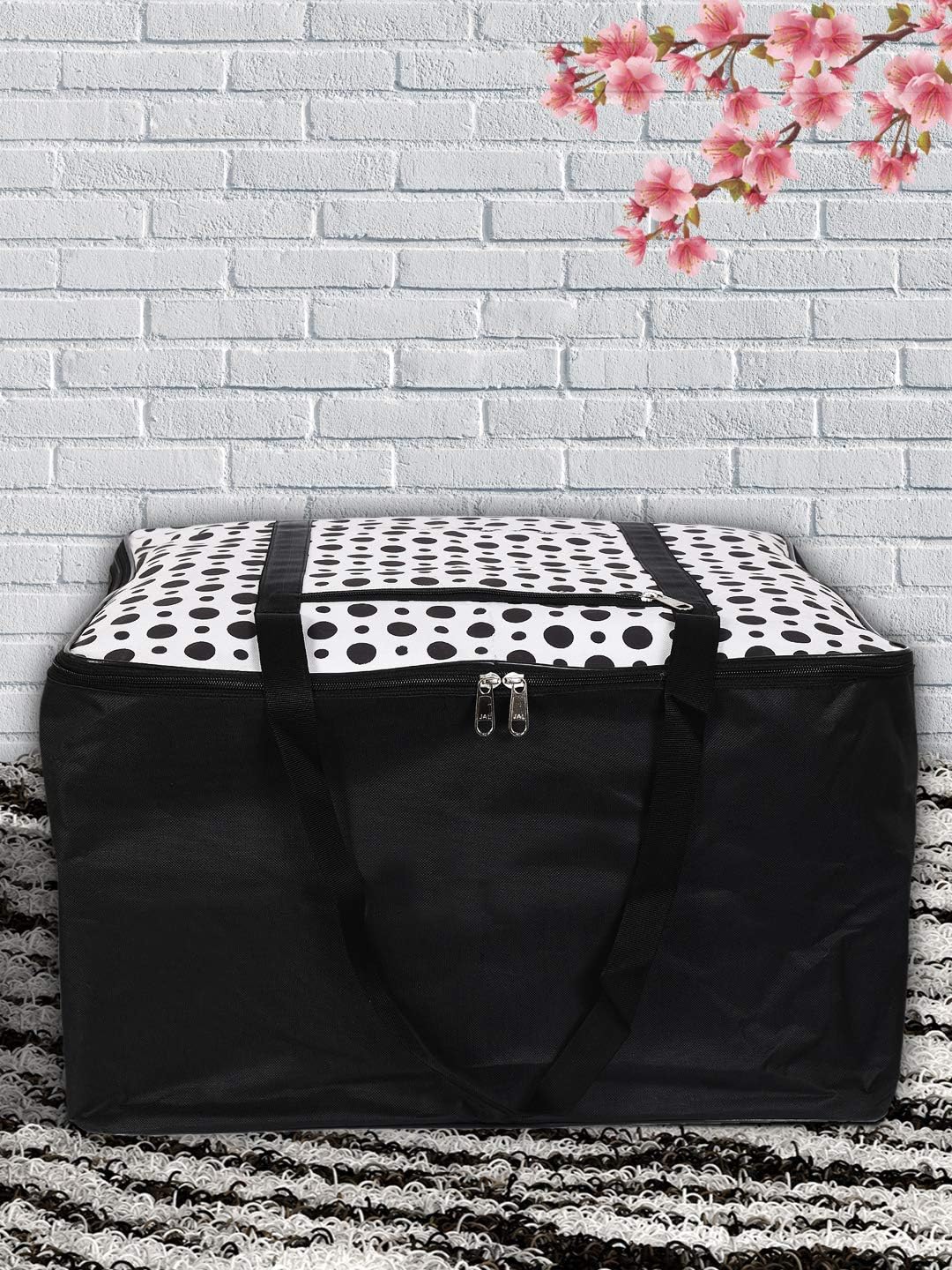 Fun Homes Polka Dots Design Canvas Jumbo Underbed Moisture Proof Storage Bag with Zipper Closure and Handle (Black & White)