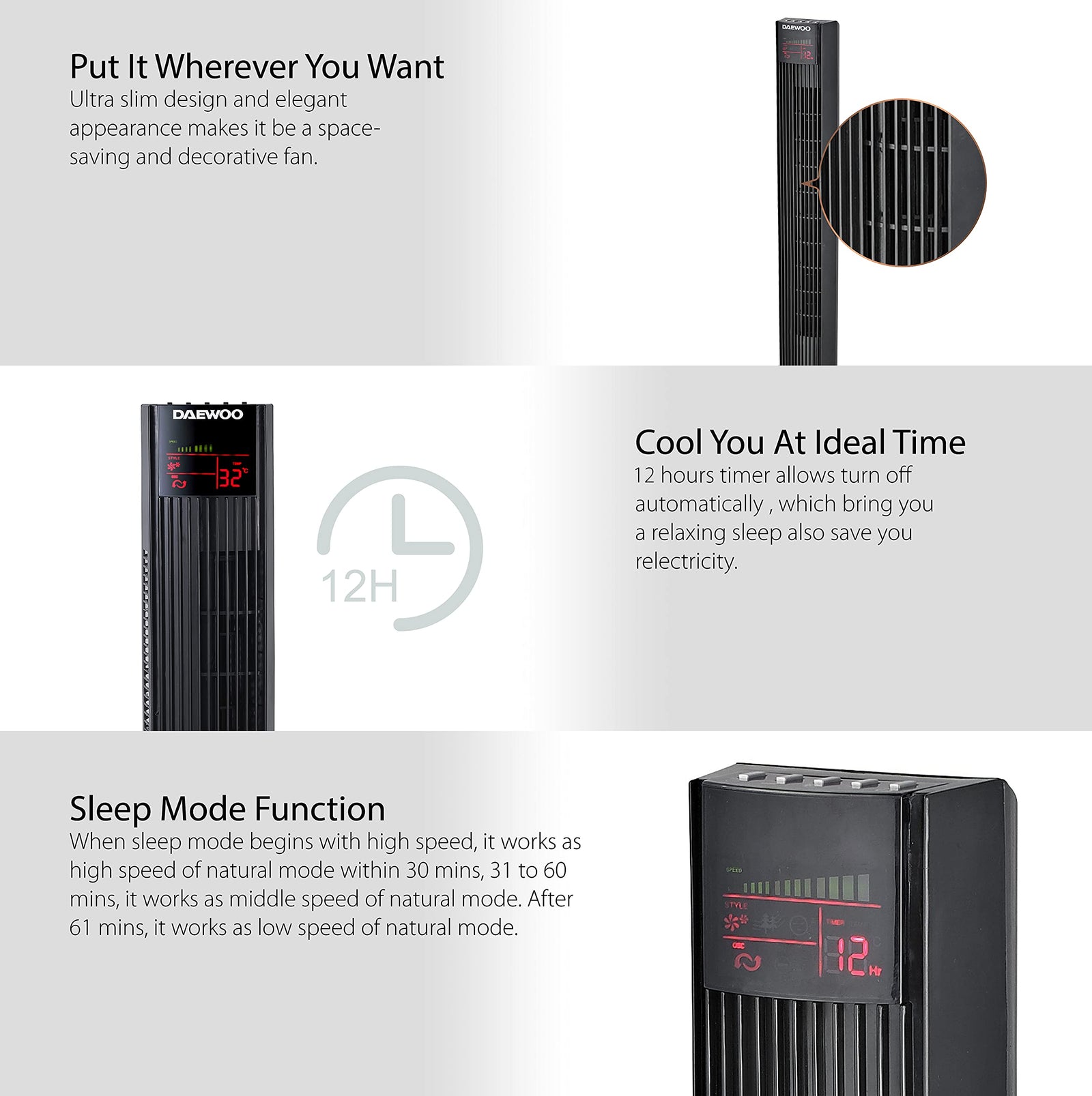 Daewoo 36 Inch Digital Tower Fan With Remote, Timer, Oscillation, 3 Fan Speeds & 3 Wind Modes 45W Korean Technology Dtf36Dr Black - 2 Years Warranty