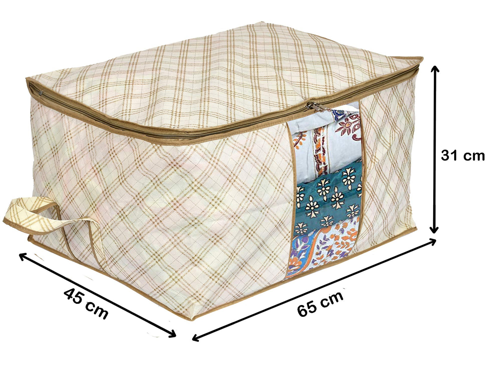 Fun Homes Metalic Checkered Print Non Woven 2 Pieces Underbed Storage Bag,Cloth Organiser,Blanket Cover with Transparent Window (Ivory)-FUHHNH16583