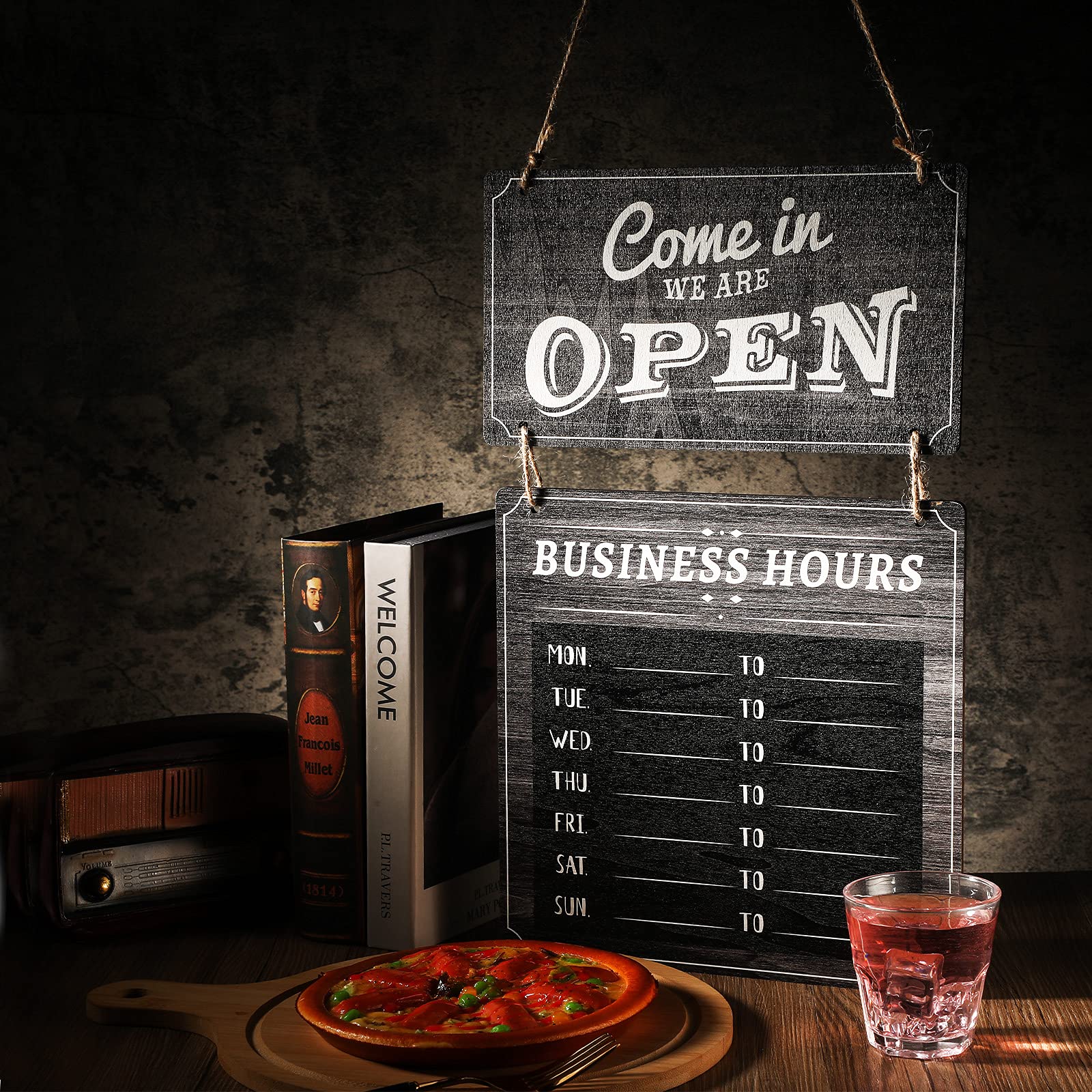 Chinco Business Hours Sign Store Hanging Open and Closed Double Sided Wooden Hangable Decorative Welcome Boards with Time Digital Stickers Hook for Shop (Black Board)