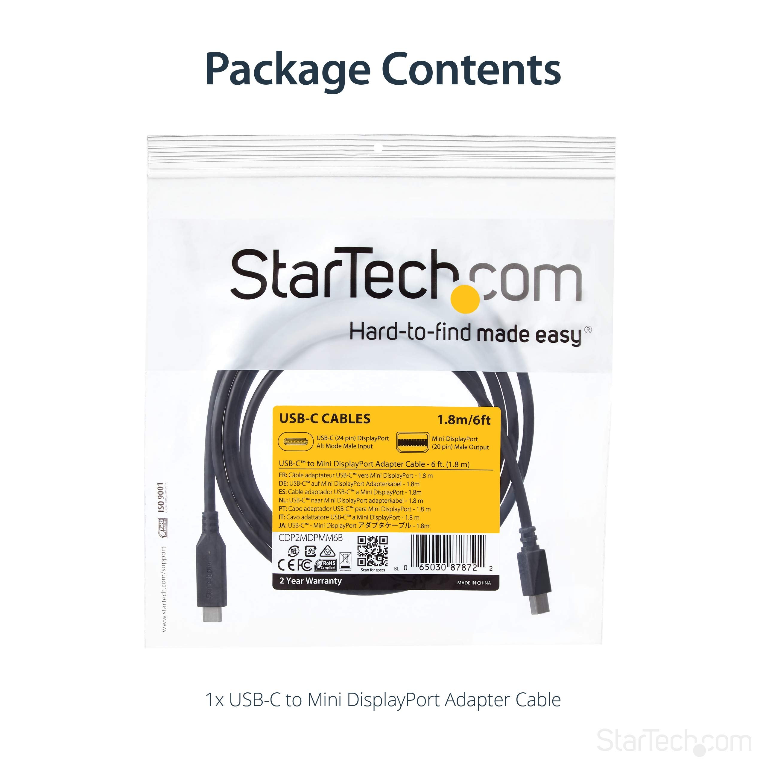 StarTech StarTech.com 6ft / 2m USB-C to Mini DisplayPort Cable - 4K 60Hz Black USB 3.1 Type C mDP Adapter (CDP2MDPMM6B)