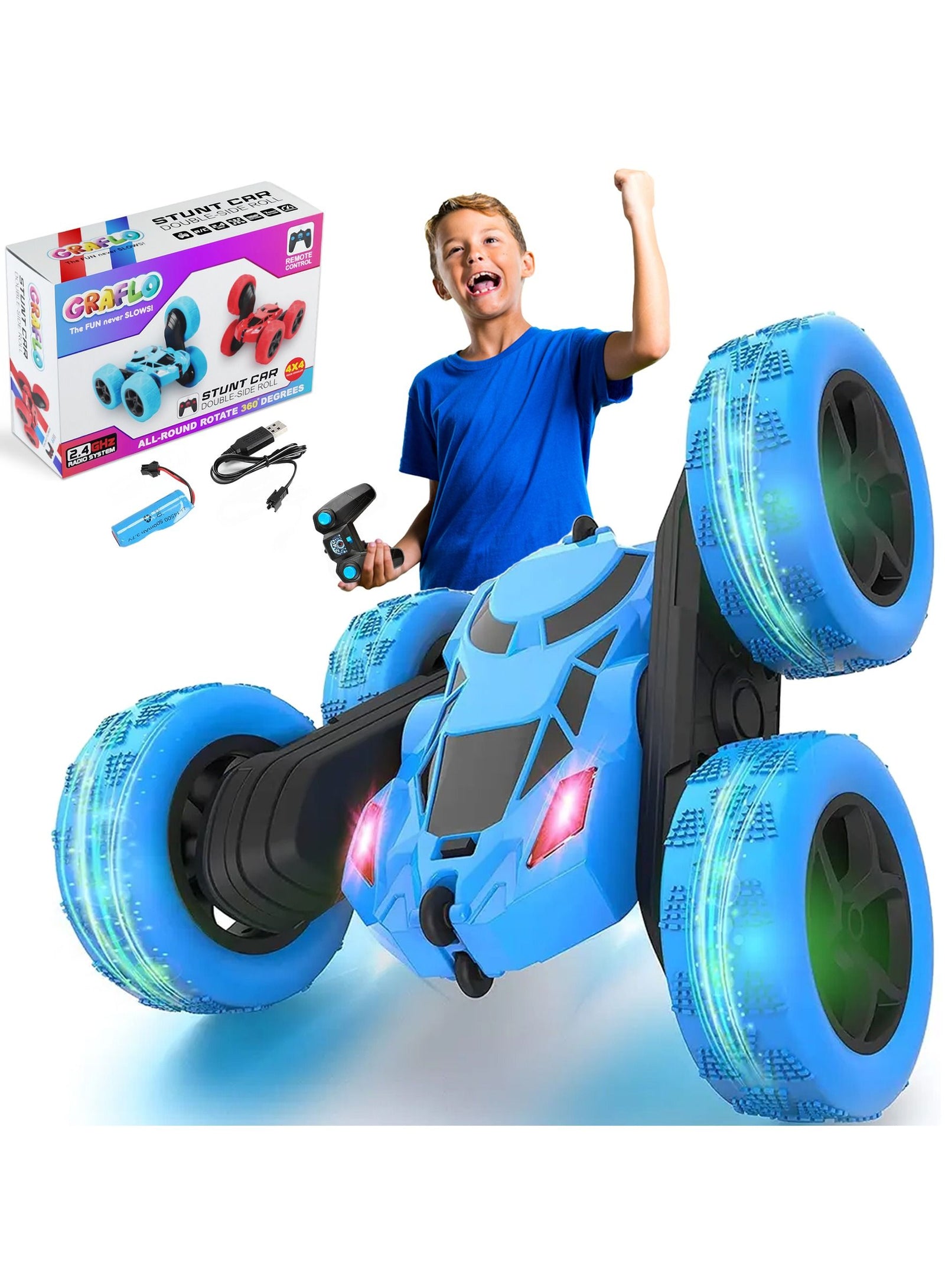 GRAFLO Remote Control Car Double Sided 360°Rotating 4WD RC Cars with Headlights 2.4GHz Electric Race Stunt Toy Car Off-Road Stunt Car Rechargeable Toy Cars for Boys (Blue)