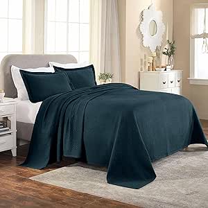 SUPERIOR Bedspread with Pillow Shams, Cotton, Deep Sea, Queen