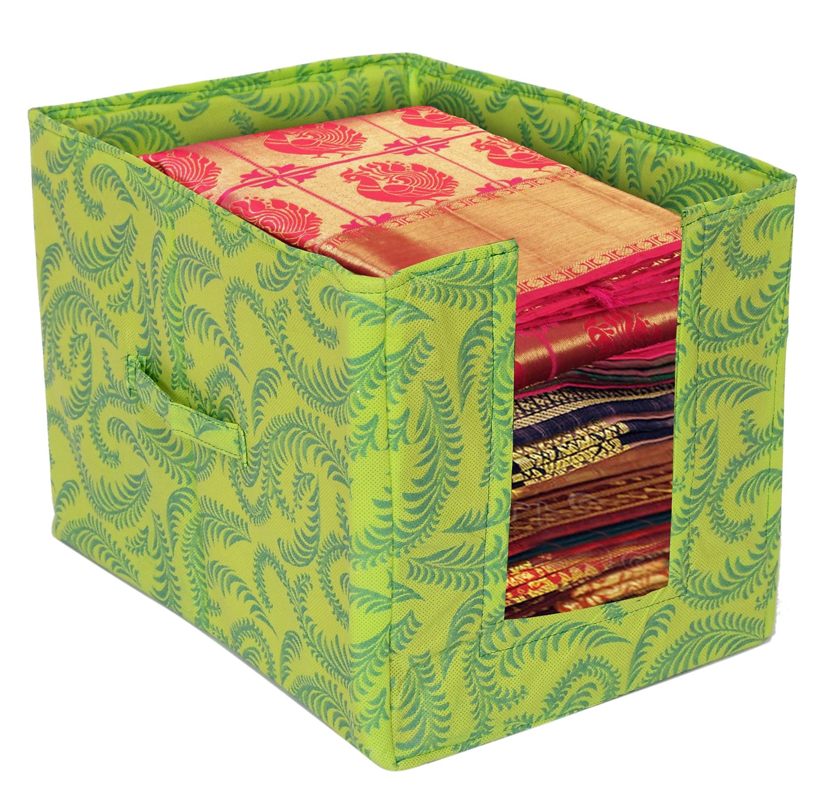 Fun Homes Metalic Leaf Print Foldable Rectangle Cloth Saree Stacker Cloth Wardrobe Organizer- Pack of 4 (Green)