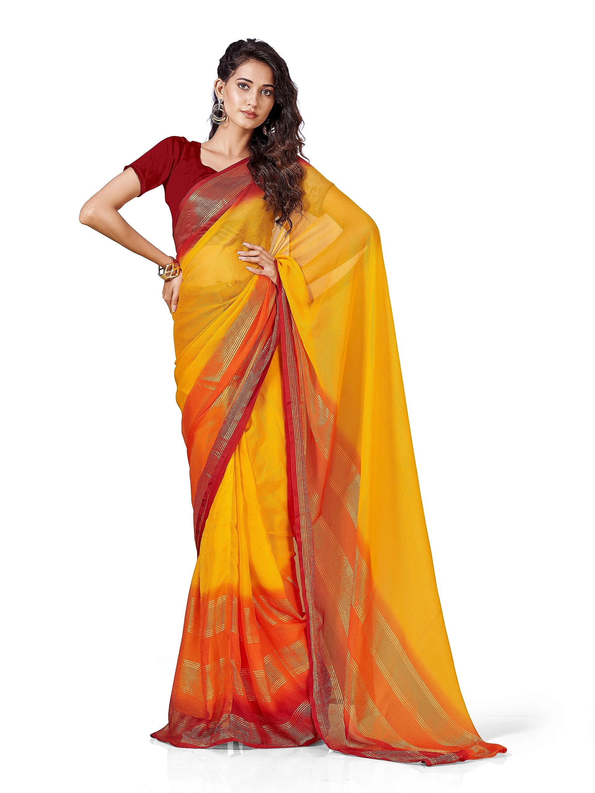 Womanista Women's Solid Poly Chiffon Ready to Wear Saree (TI4058_Yellow & Red)