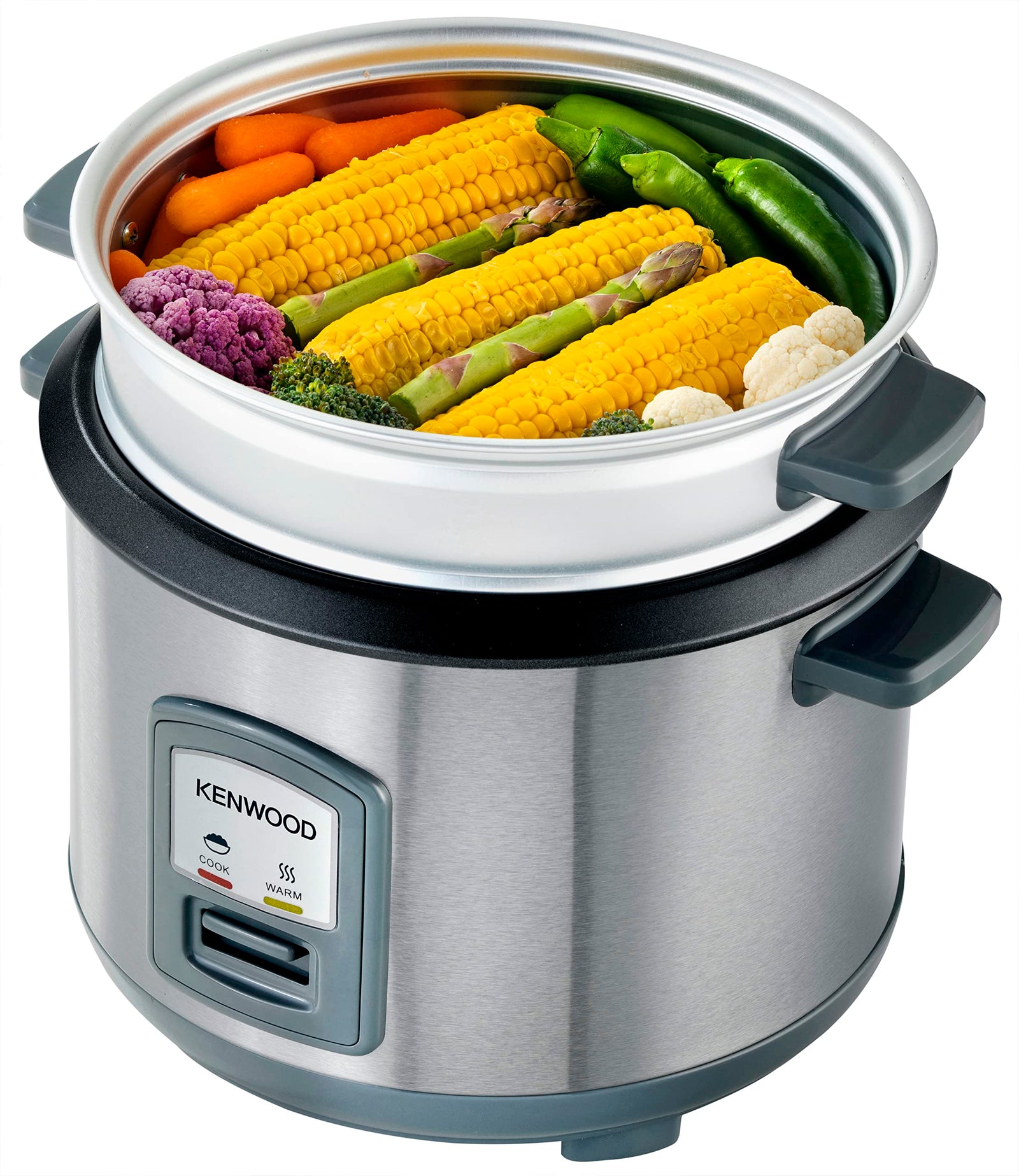 KENWOOD 2-in-1 Rice Cooker 1.8L 10-Cups Rice with Food Steamer Basket, Non-Stick Cooking Pot, Temepered Glass Lid, Warm/Cook Lights, Spatula Holder, Detachable Cord RCM45.000SS Silver