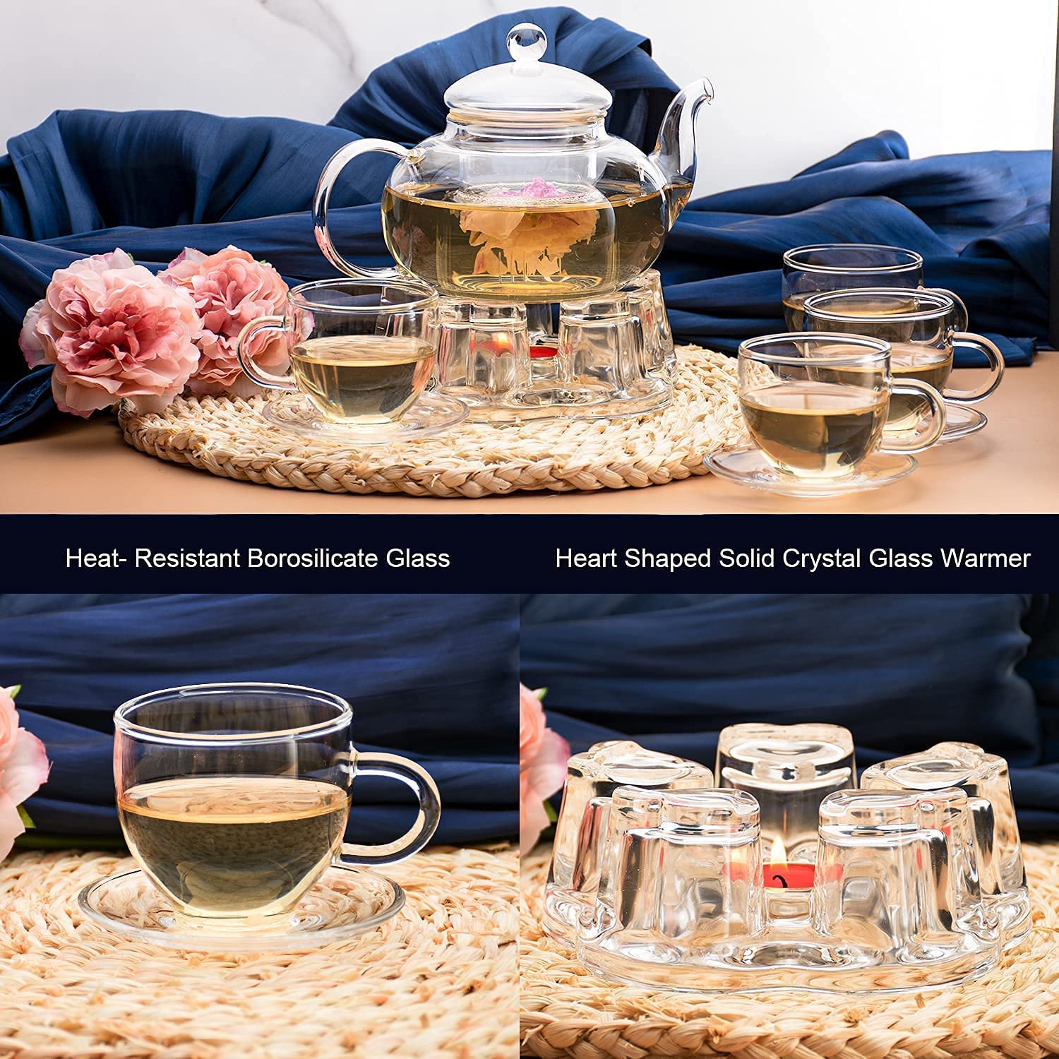 1CHASE Glass Tea Set- Borosilicate Glass Teapot With Heart Shape Tea Warmer and 100 ml 4 Tea Cups with Saucer for Blooming Tea, Flower Tea, Loose Leaf Tea