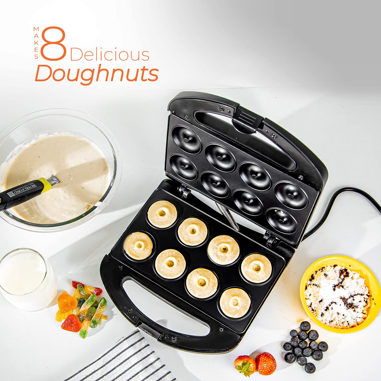 Geepas GDM36532 750W 8 Pcs Doughnut Maker - Non-Stick Cooking Plate| Comfortable Handle with Power On & Ready Indicator | 2 Years Warranty