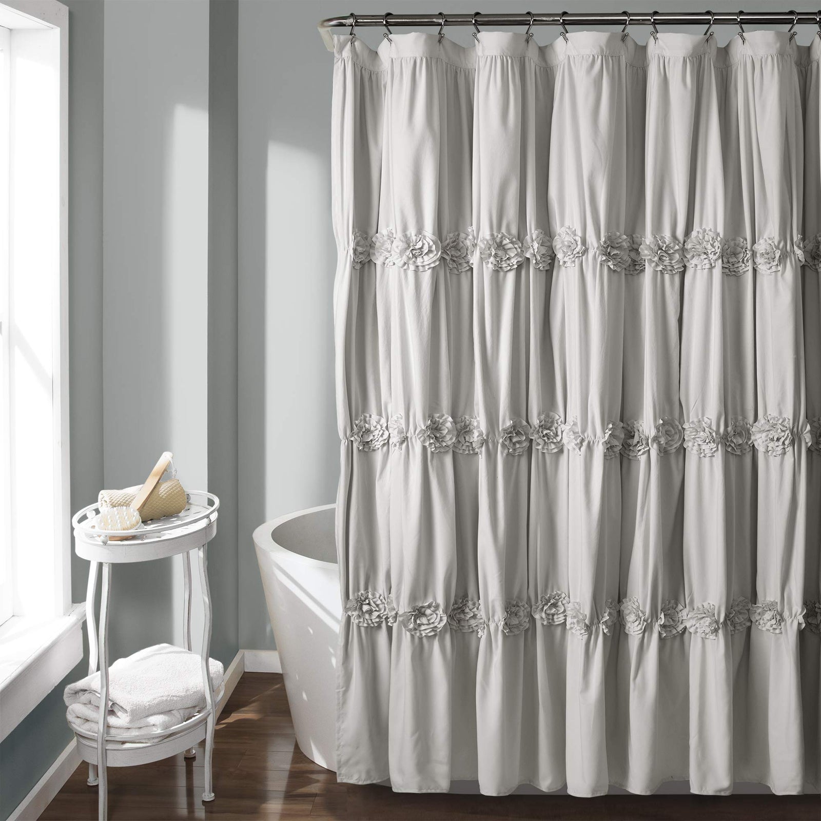 Lush Decor Lush Decor, Light Gray Darla Ruched Floral Bathroom Shower Curtain, x 72