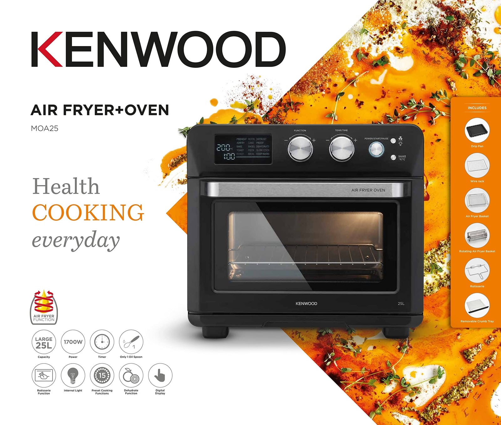 Kenwood 2-in-1 25L Toaster Oven+Air Fryer - Oven Toaster Grill with Large Capacity, Rotisserie Function for Frying, Roasting, Grilling, Broiling, Baking, Browning, Defrosting,Heating MOA25.600BK Black