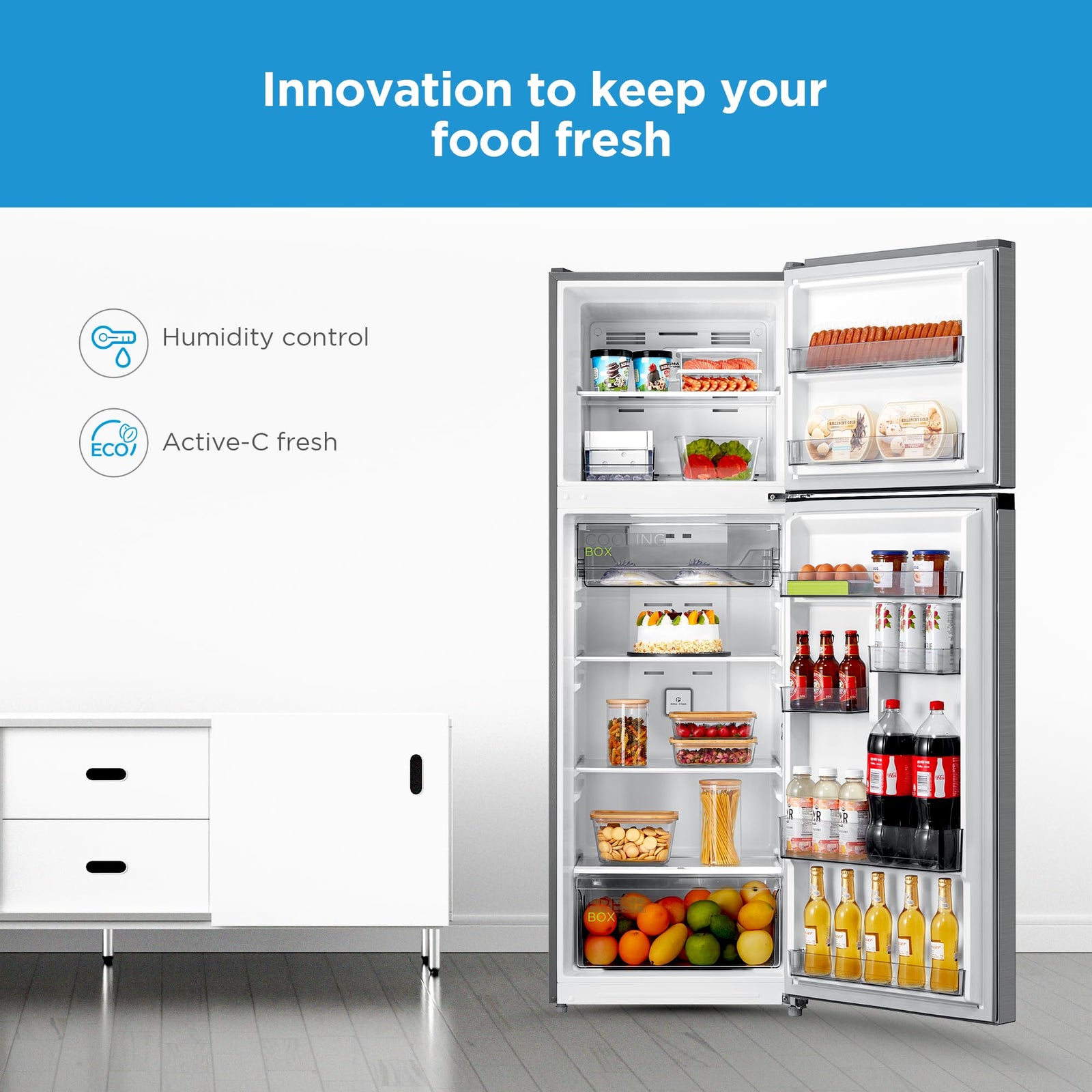 Midea 489L Gross Top Mount Double Door Refrigerator MDRT489MTE46, 2 Doors Frost Free Fridge Freezer With Smart Sensor & Humidity Control, Active-C Fresh, Multi-Air Flow, Electronic Control, Silver