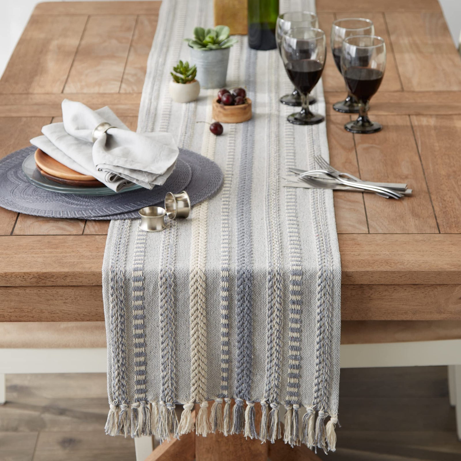 DII Farmhouse Braided Stripe Table Runner Collection, 15x72 (15x77, Fringe Included), Cool Gray