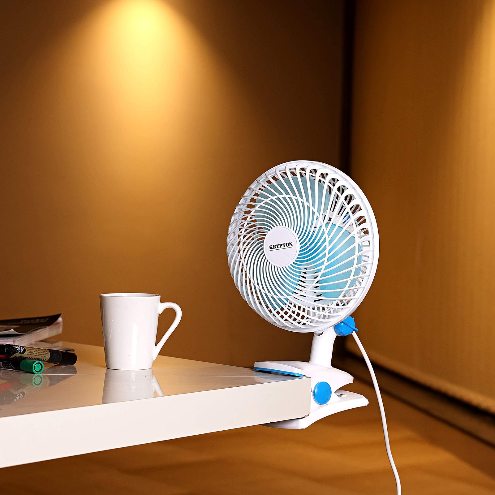 Krypton Table Fan, 8 Inch, Blue/White