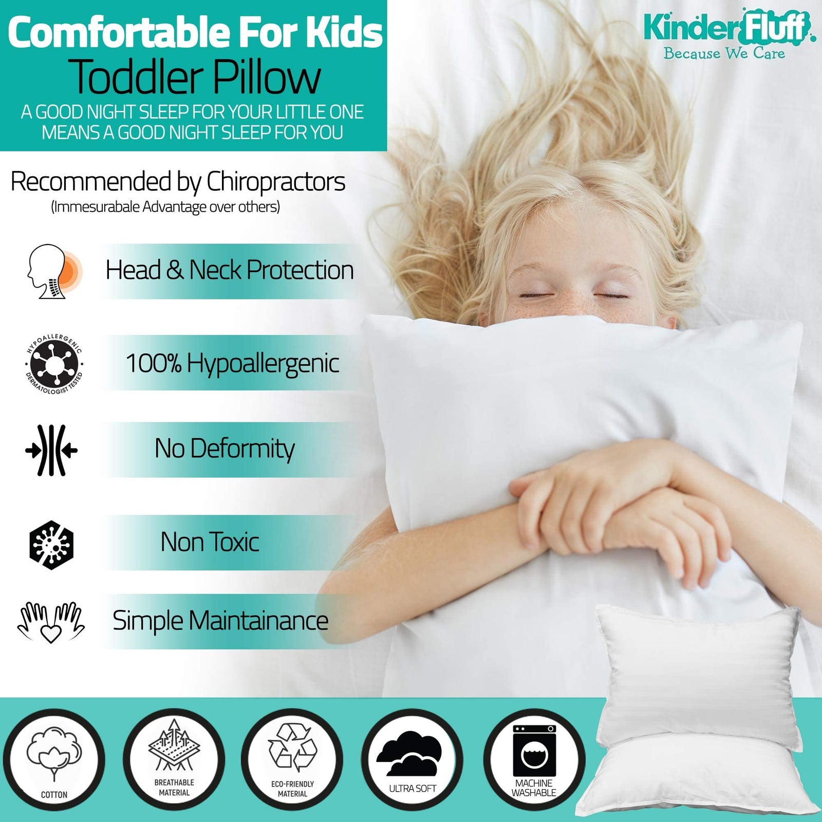 Kinder Fluff Toddler Pillow (2 Pcs)-Baby Pillow for Toddler Bed or Travel Pillow-The Only Pillow with 300T Cotton & Down Alternative Fill-Hypoallergenic & Machine Washable-Toddler Pillow for Sleeping