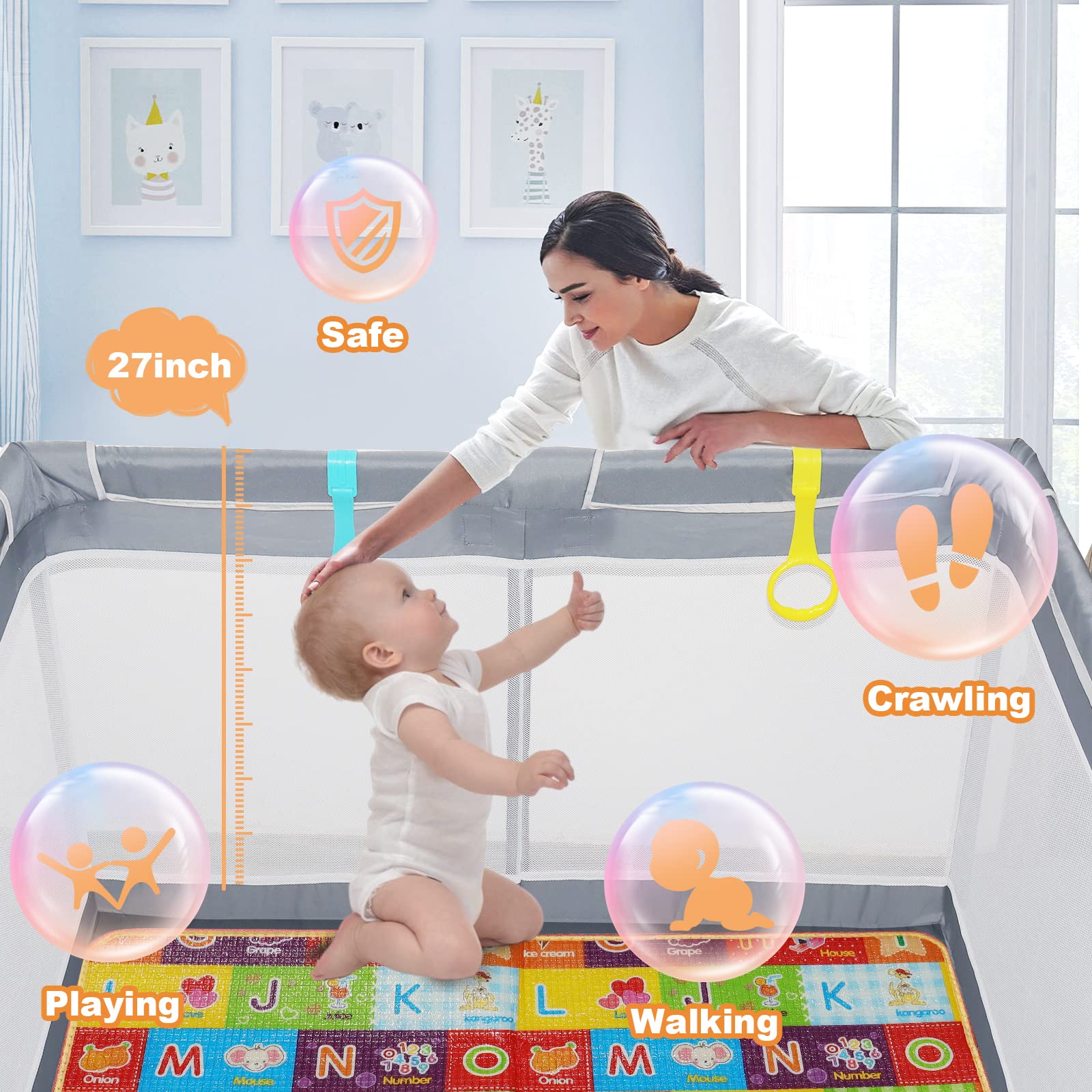 Tenckat Baby Playpen for and Toddlers,125x125cm Portable Babypen with Anti-slip Base, Sturdy Safety Playards Soft Breathable Mesh, 2 Pulling Rings Bag, grey, 1 Count, 3.38 kg